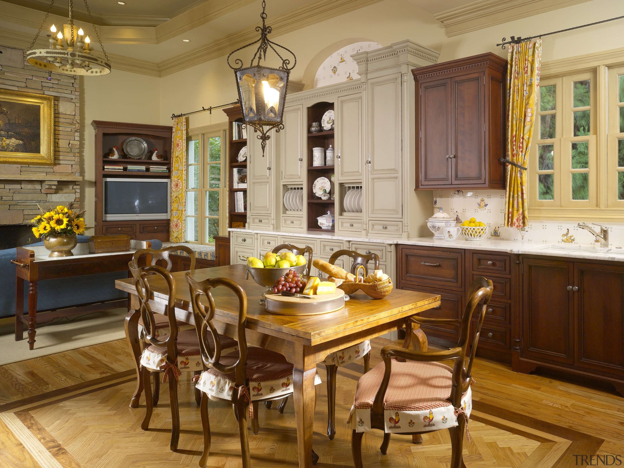 VIew of home built to reflect the style cabinetry, countertop, cuisine classique, dining room, home, interior design, kitchen, living room, room, table, brown, orange