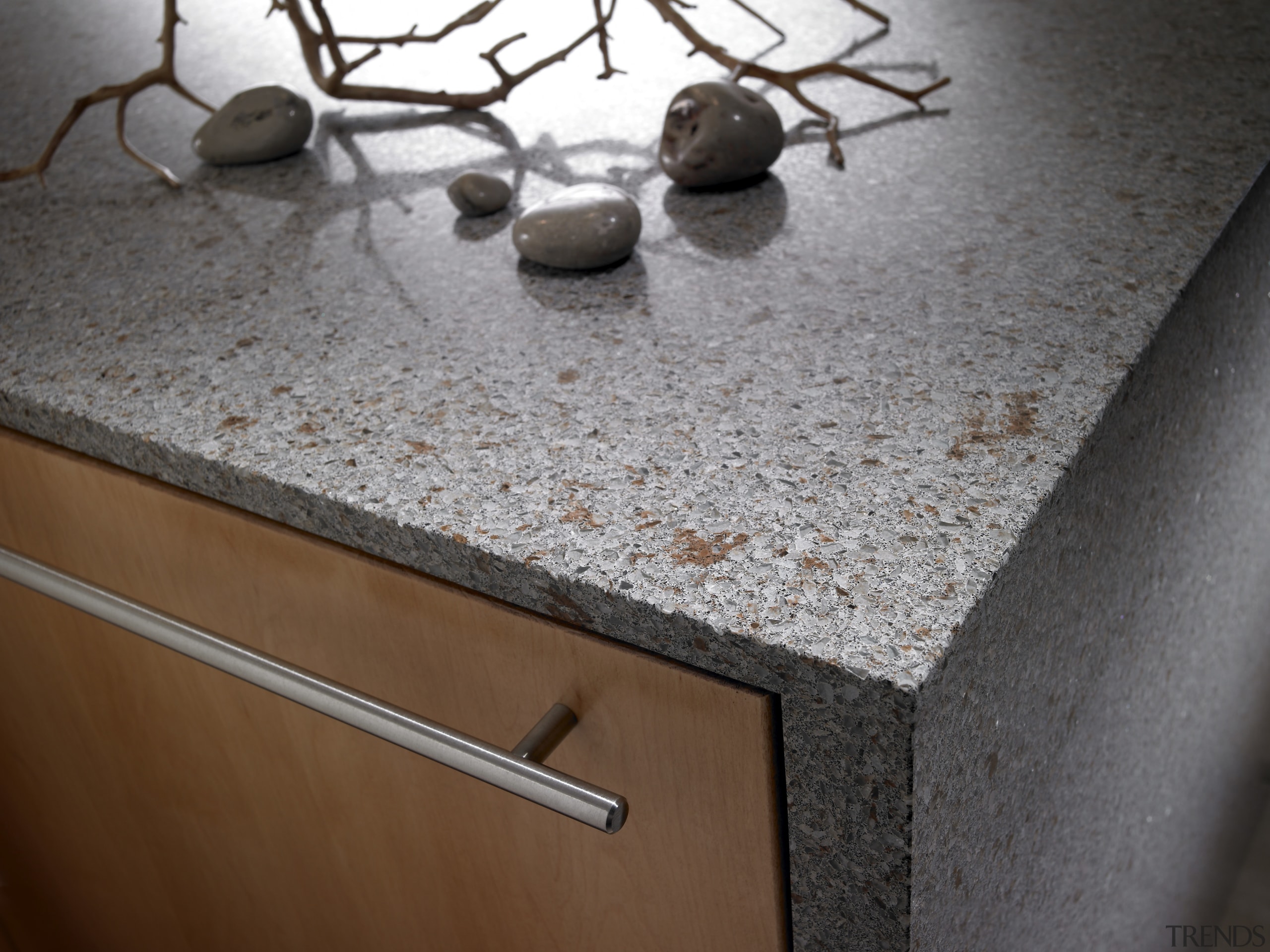 View of a contemporary kitchen which features countertops countertop, wall, gray