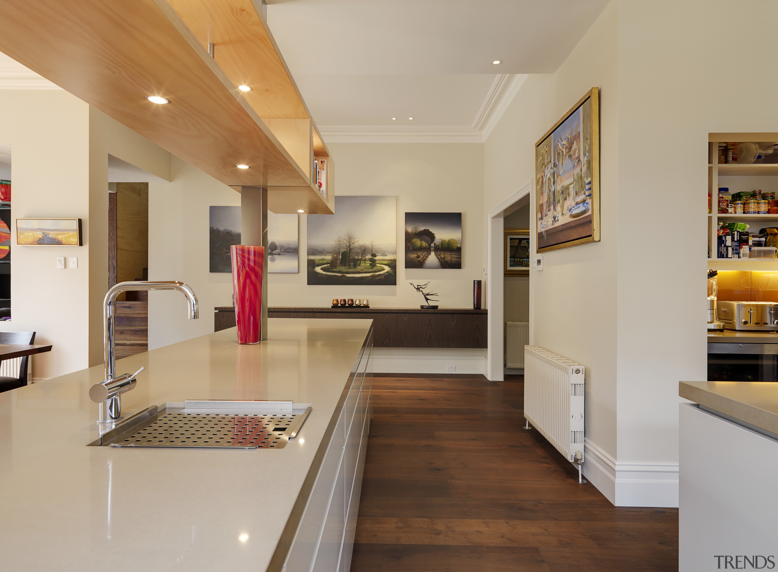 View of kitchen designed bt Nicholas Murray Architects architecture, countertop, floor, flooring, hardwood, house, interior design, kitchen, living room, real estate, room, wood flooring, gray