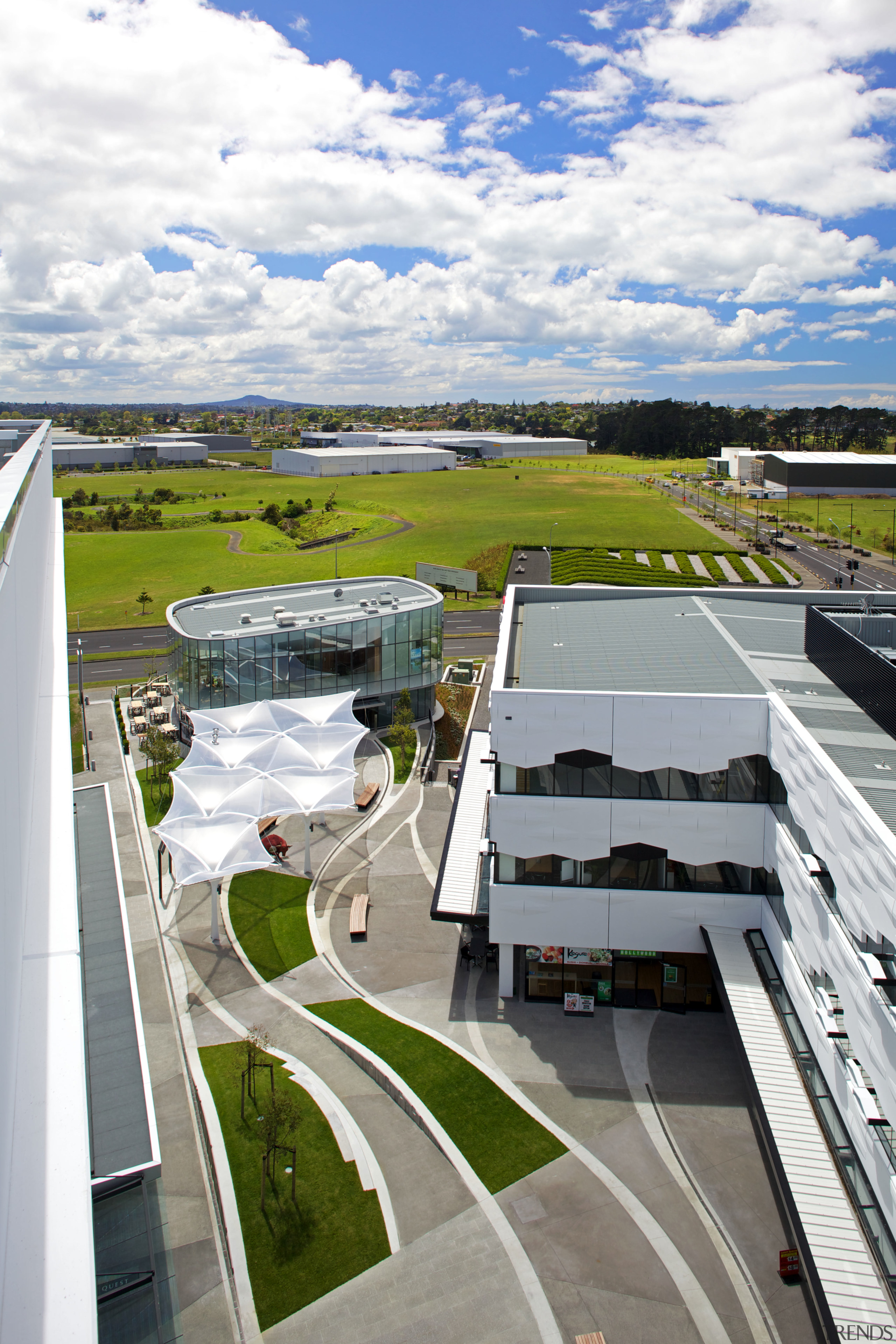 The Crossing at Highbrook Business Park was constructed aerial photography, architecture, building, real estate, residential area, roof, sky, suburb, urban area, urban design, white