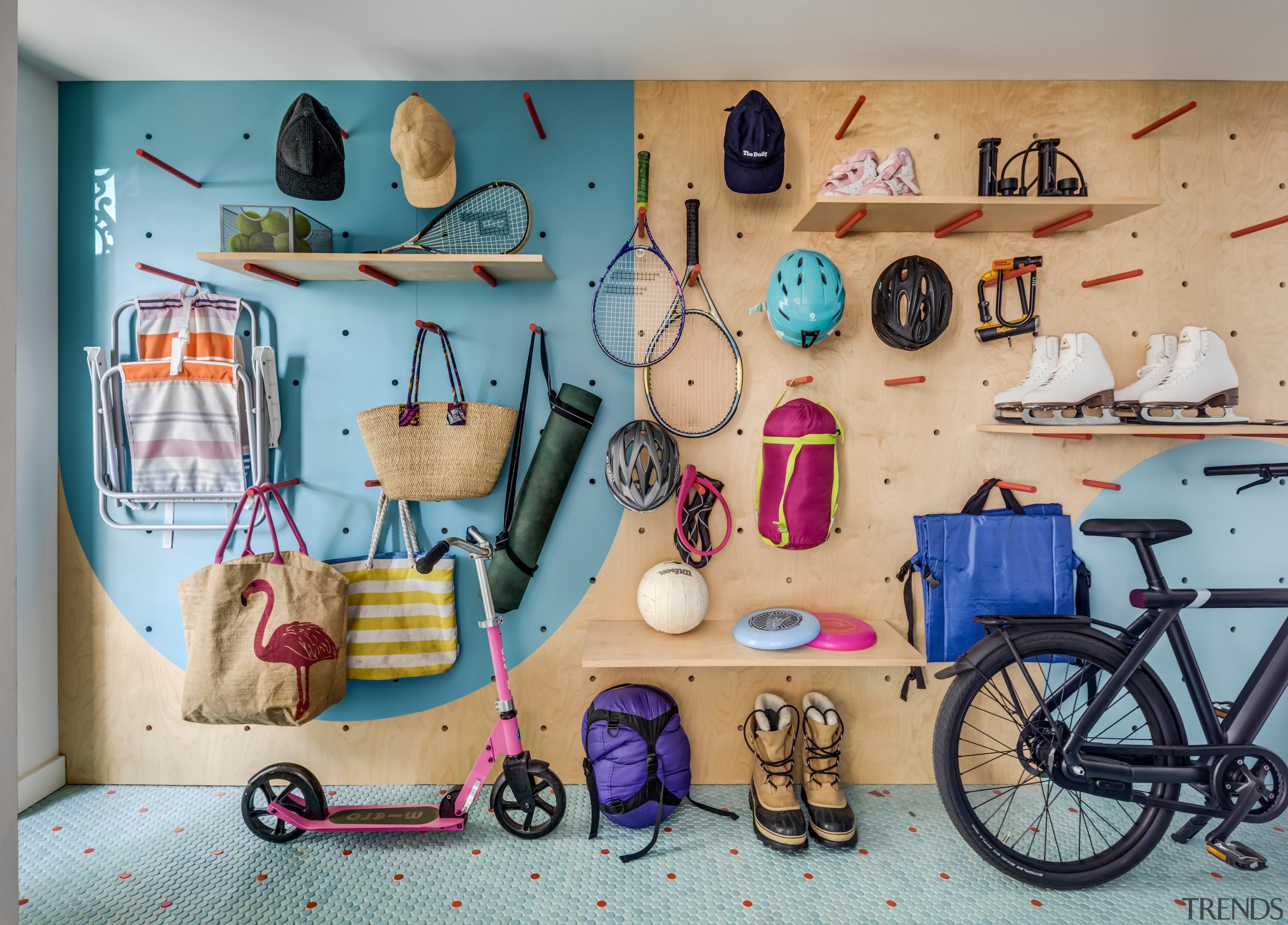 On the garden level, a custom pegboard hanging 