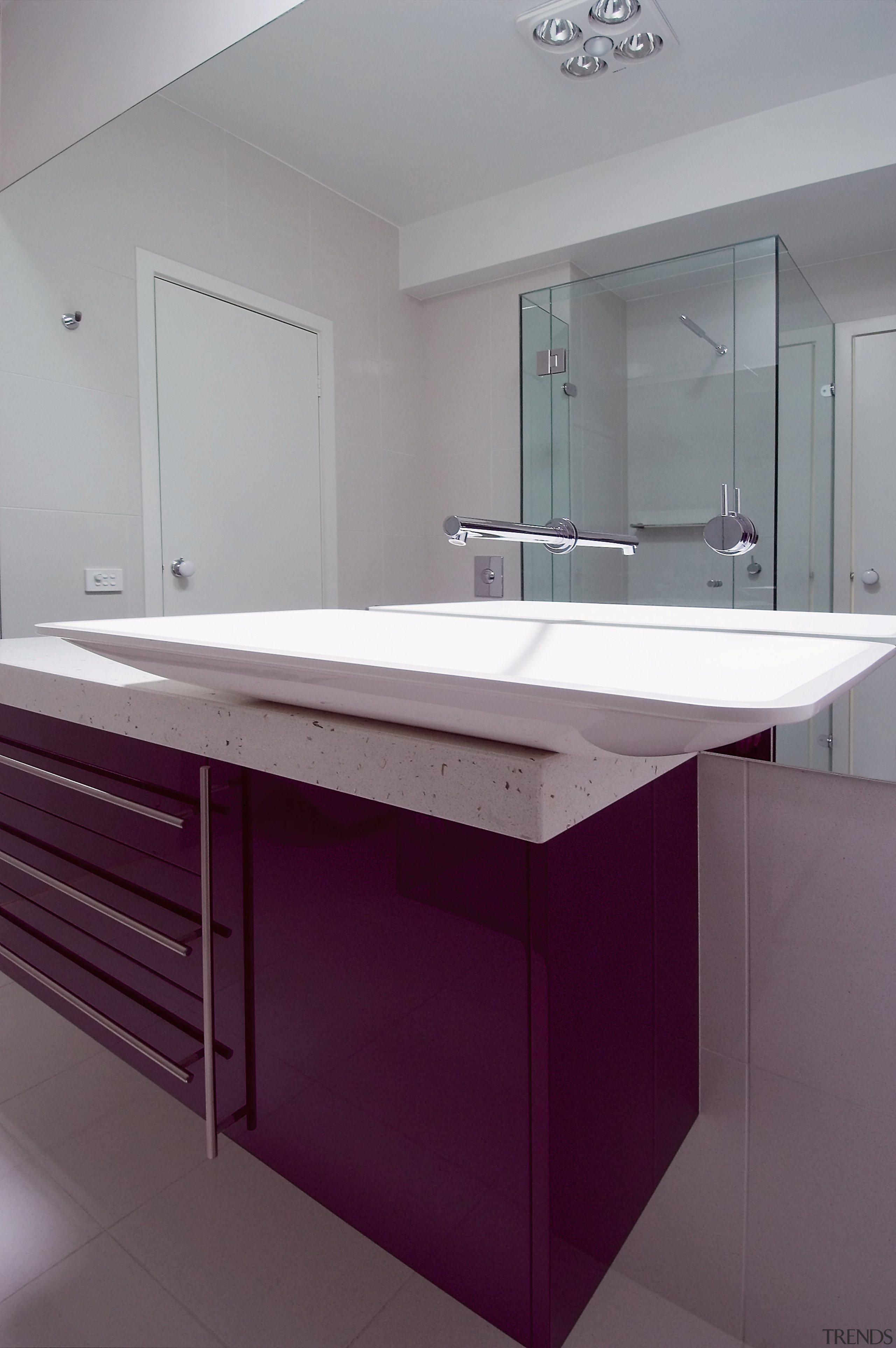 view of the vanity with a custom blood architecture, bathroom, bathroom accessory, bathroom cabinet, bathroom sink, cabinetry, countertop, floor, glass, interior design, kitchen, product design, room, sink, tap, gray