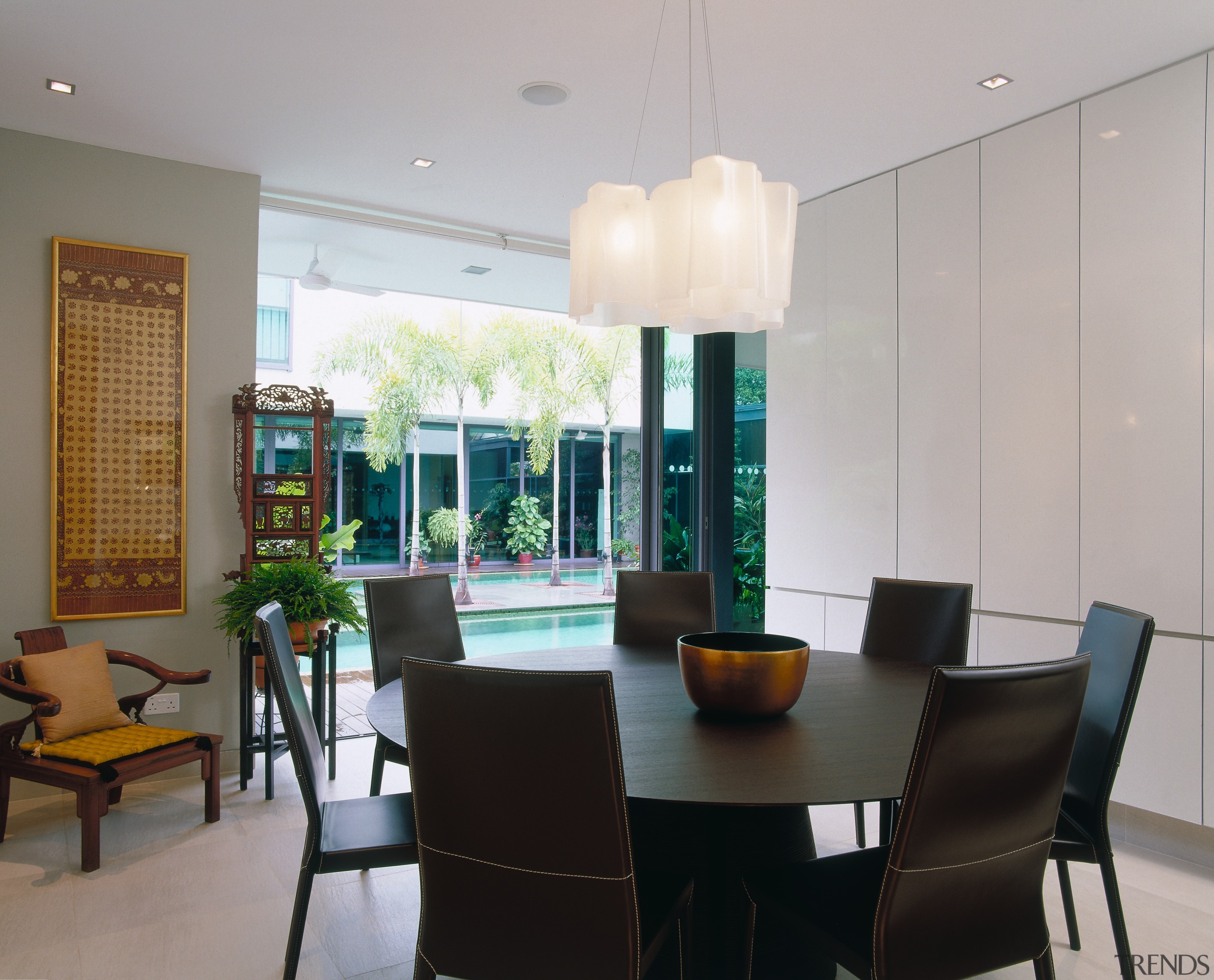 view of the dining area featuring dark stained ceiling, dining room, interior design, property, real estate, room, table, window, gray