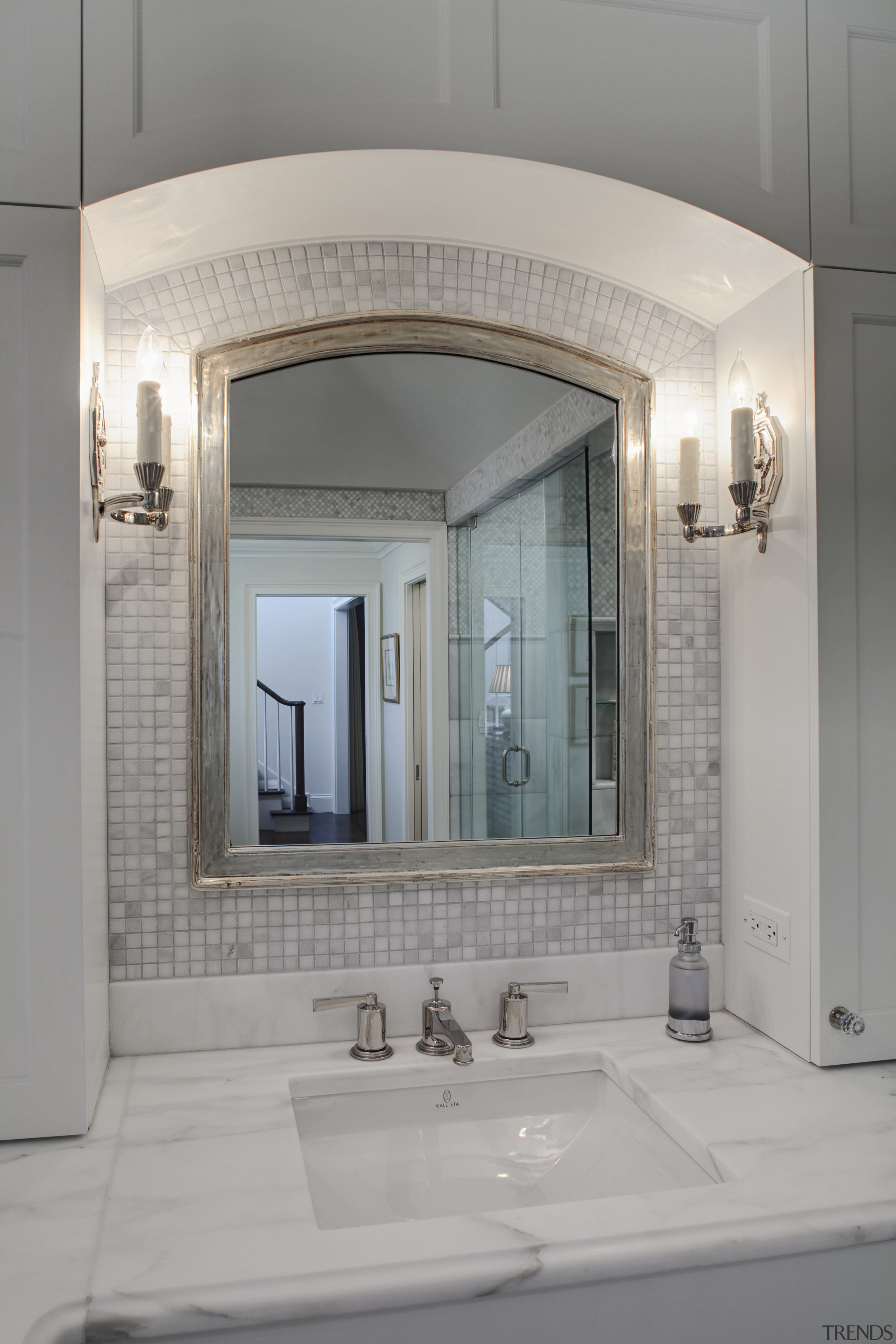 View of a Roman-styled bathroom which features a bathroom, bathroom accessory, ceiling, floor, home, interior design, room, sink, tile, window, gray