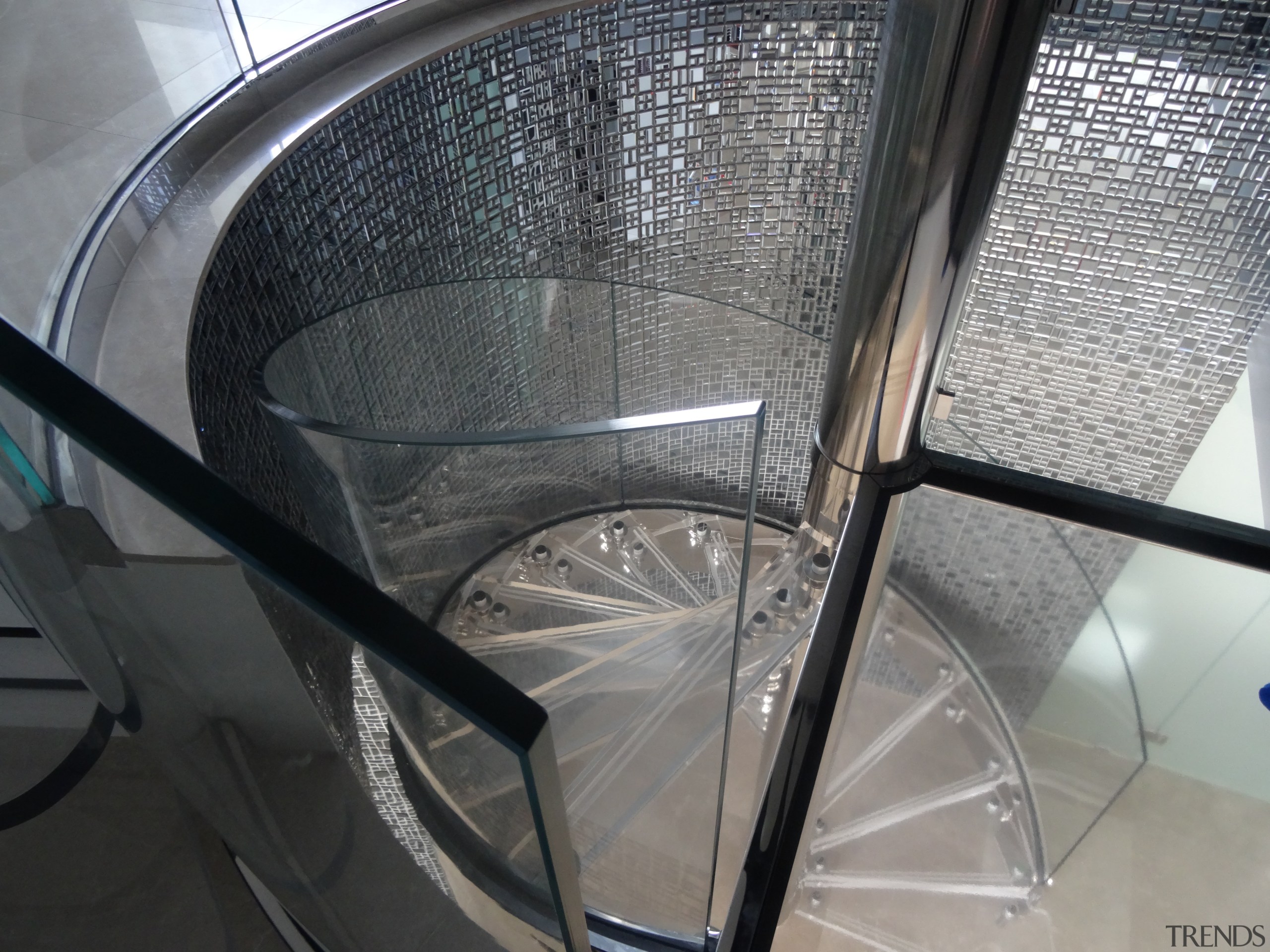 Clear glass spiral balustrade by Glasshape - Clear automotive tire, automotive wheel system, furniture, glass, product, spoke, structure, tire, wheel, gray, black