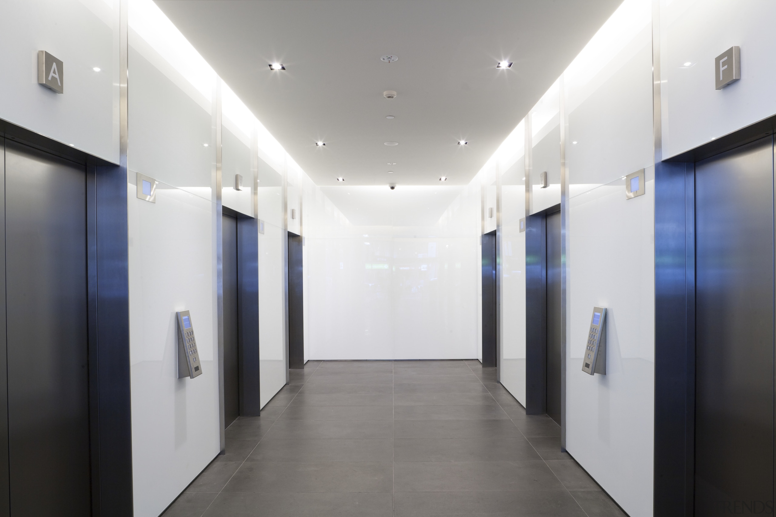 View of the elevator lobby at the Deloitte ceiling, interior design, lobby, real estate, gray, white