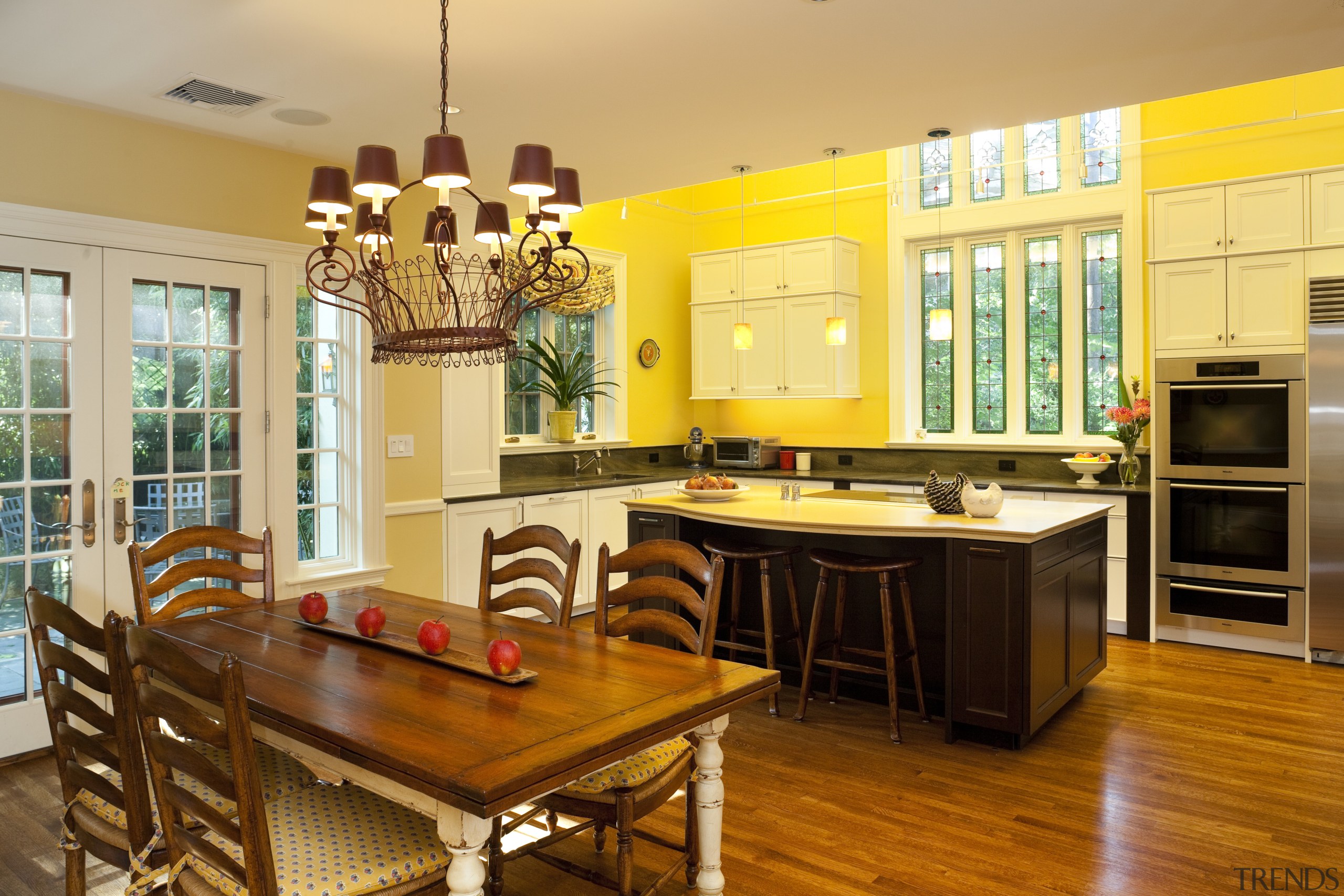 In character  kitchen by Laura Brooks Meyer countertop, dining room, home, interior design, kitchen, real estate, room, table, yellow, orange, brown