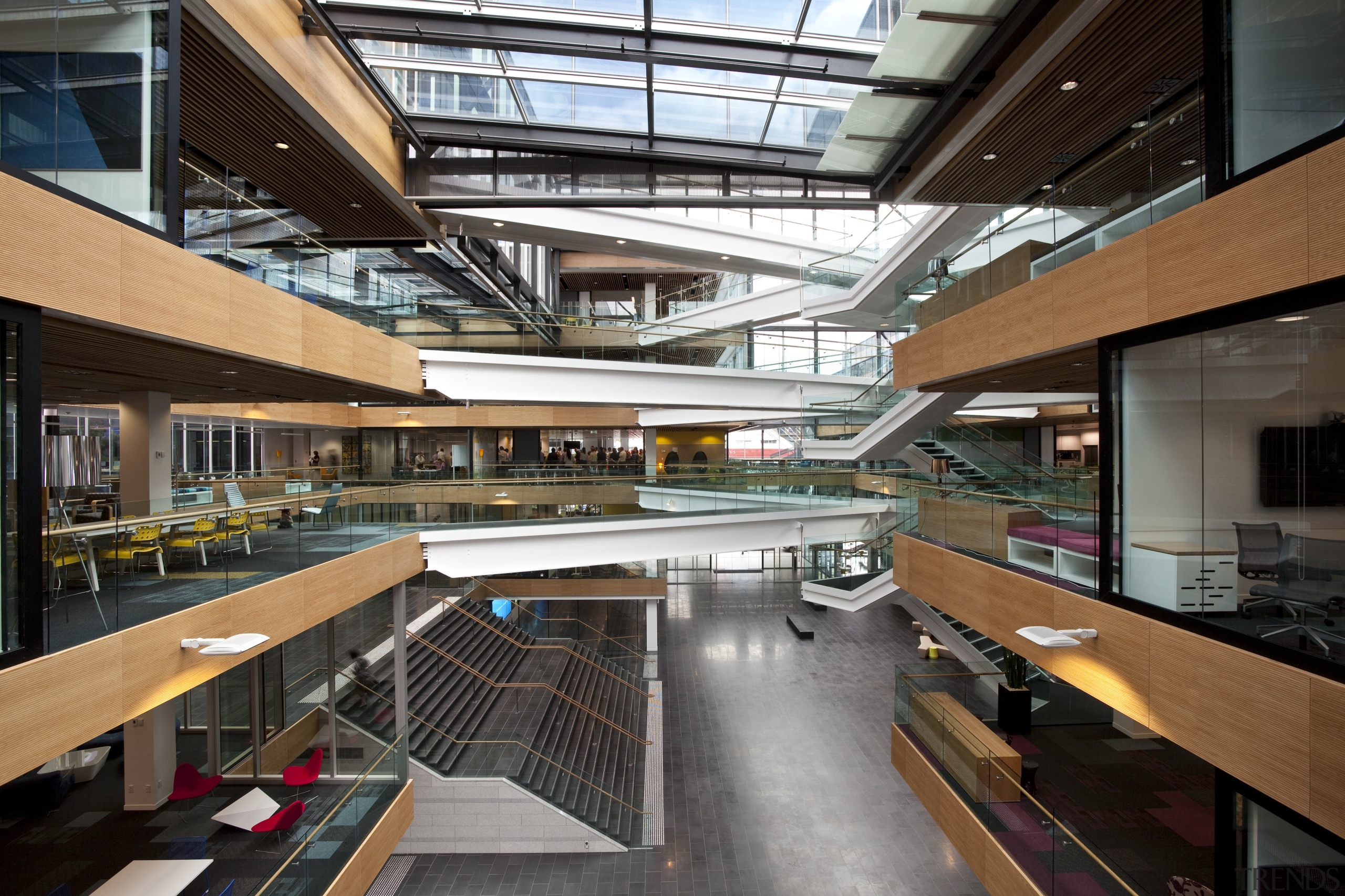 View of the Auckland Telecom offices, spread across architecture, building, daylighting, metropolitan area, mixed use, shopping mall, black