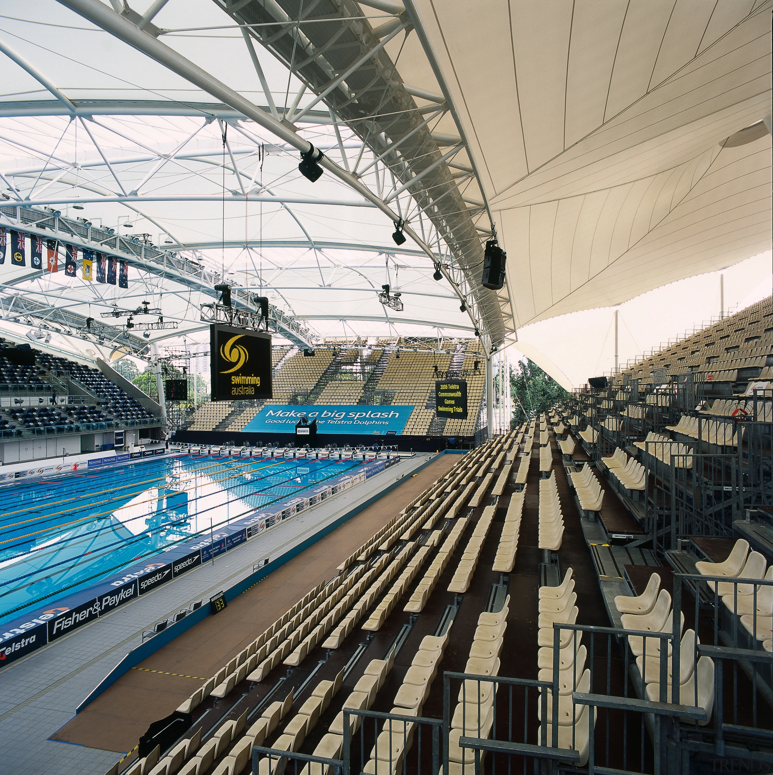 View of competition pool with tiered seating, PTFE arena, roof, sport venue, stadium, structure, white, black