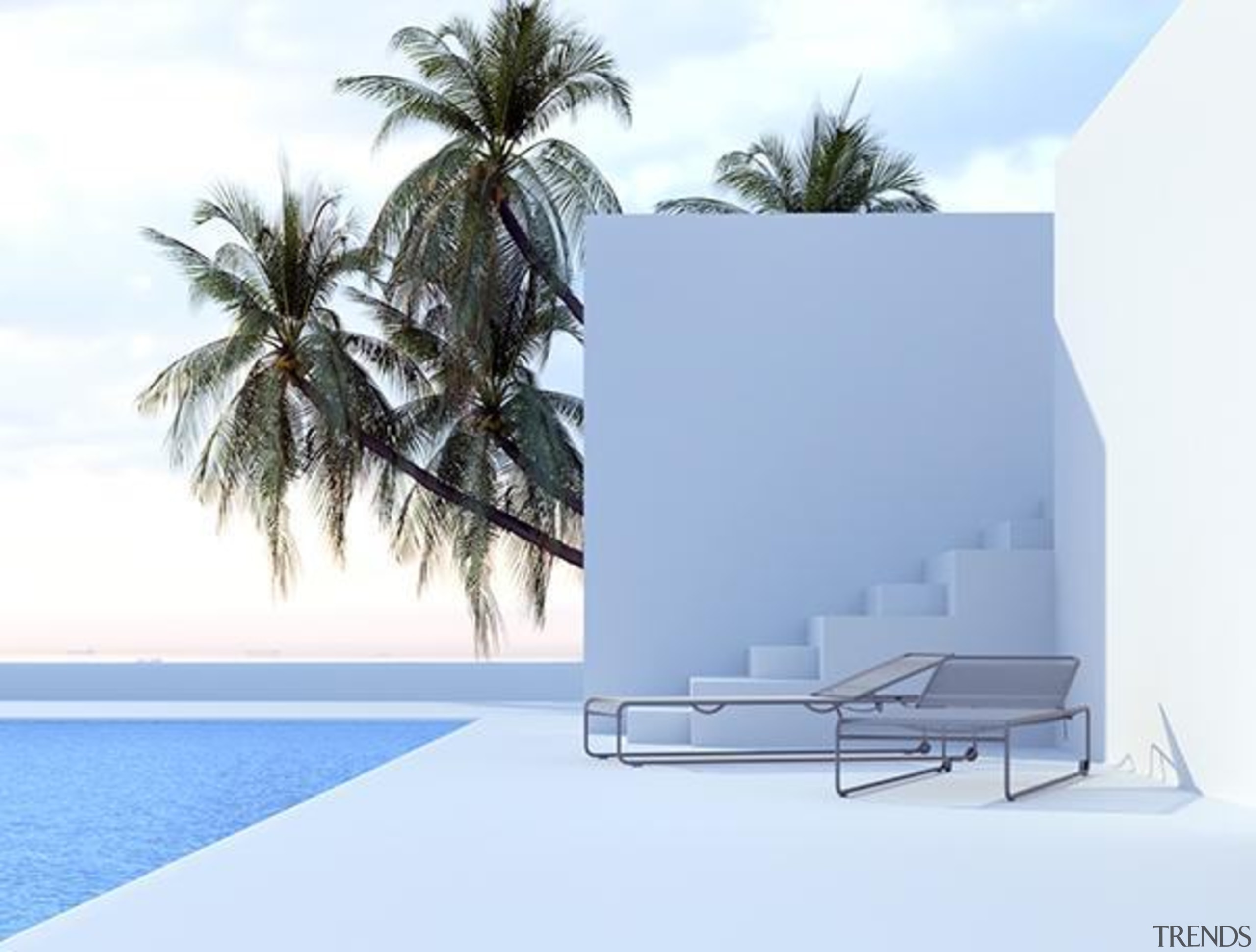 Steps from the house down to the pool architecture, arecales, furniture, house, outdoor furniture, palm tree, product design, sky, sunlounger, water, teal, white