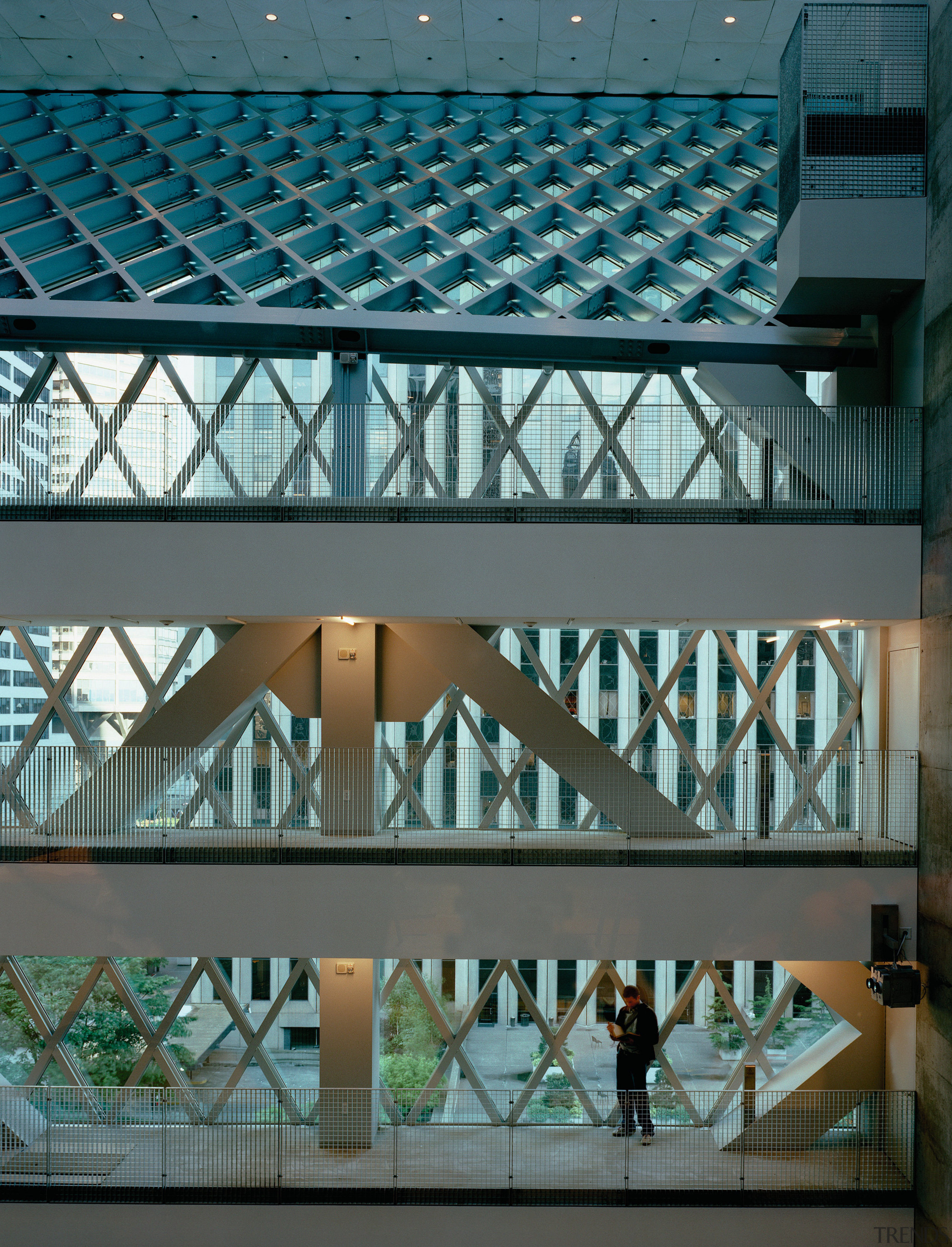 View of all the levels in side of architecture, building, daylighting, daytime, facade, glass, metropolitan area, reflection, structure, tourist attraction, window, teal, gray