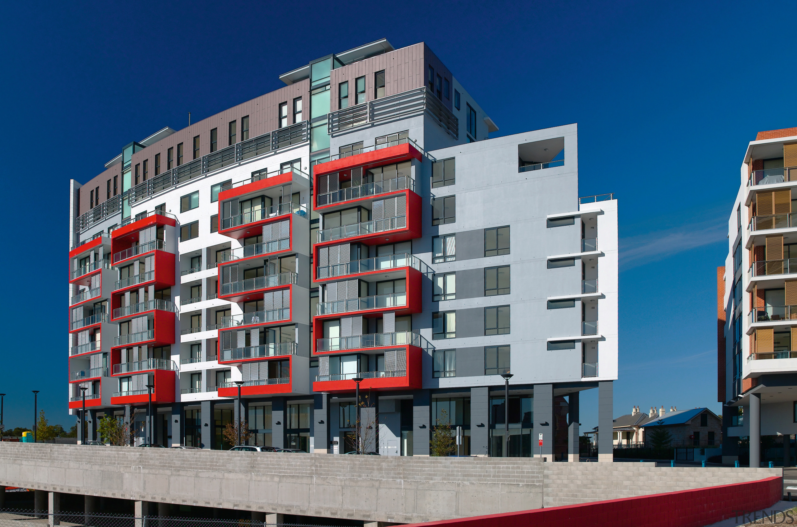 An exterior view of the discovery point apartment apartment, architecture, building, city, commercial building, condominium, corporate headquarters, elevation, facade, home, house, metropolis, metropolitan area, mixed use, neighbourhood, real estate, residential area, sky, tower block, urban area, window, gray, blue