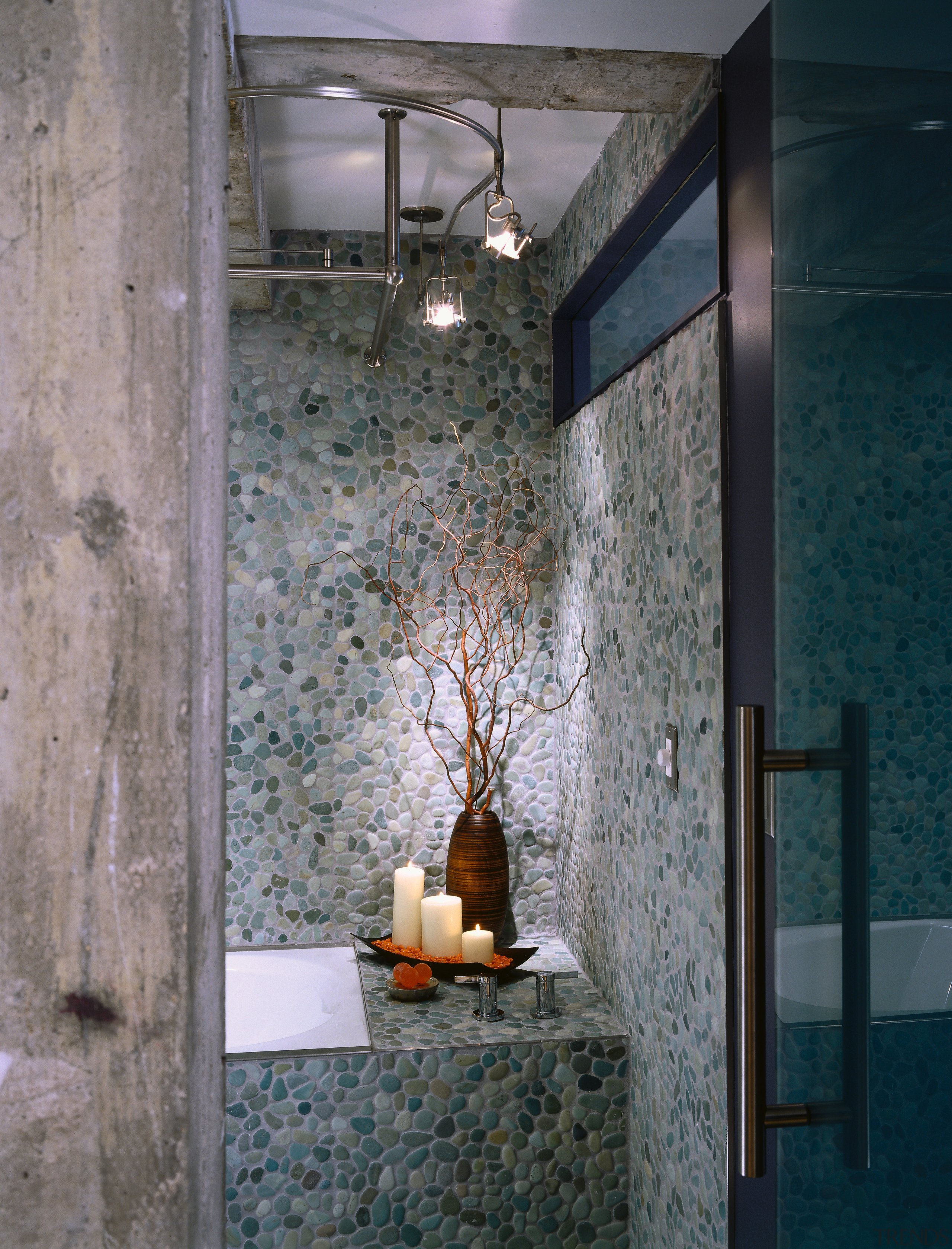 A close up view of the pebbled walls architecture, ceiling, glass, interior design, wall, window, gray, black