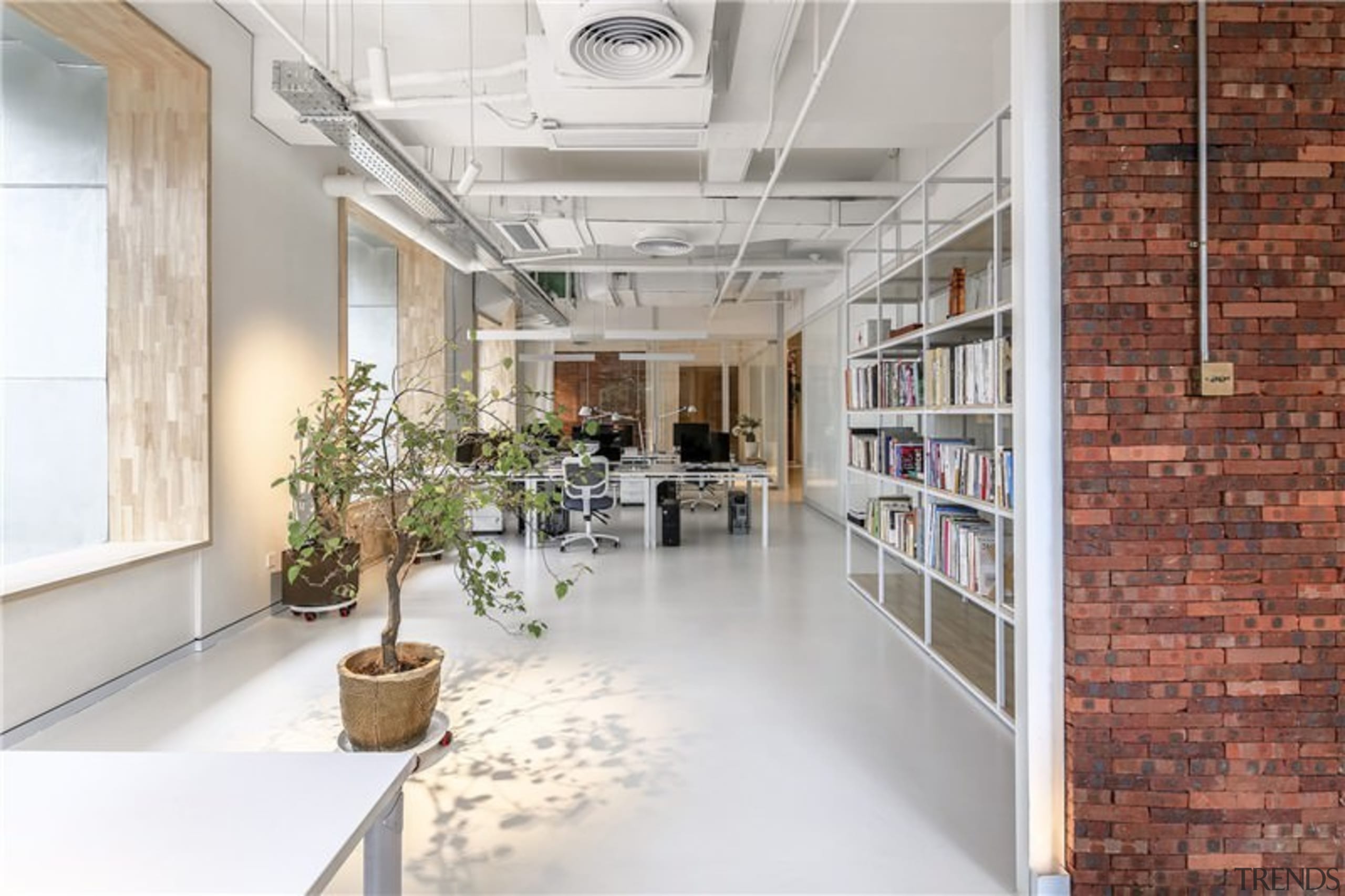 Exposed air conditioning runs across the ceiling - interior design, lobby, loft, gray