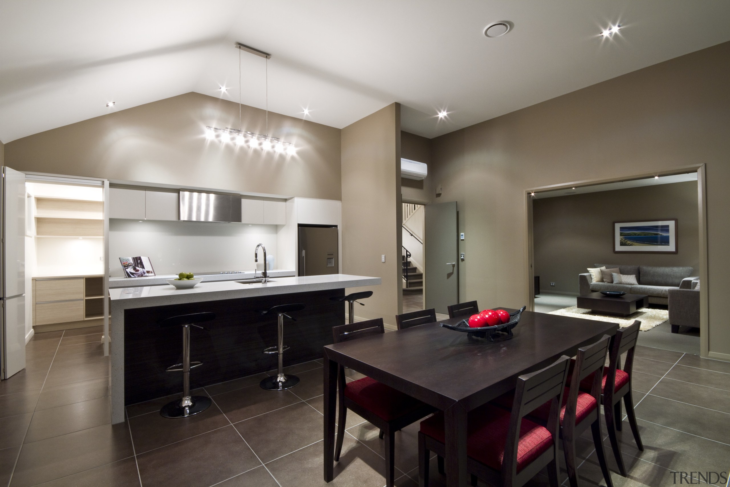 View of the dining and kitchen area of ceiling, countertop, floor, interior design, kitchen, property, real estate, room, gray, black