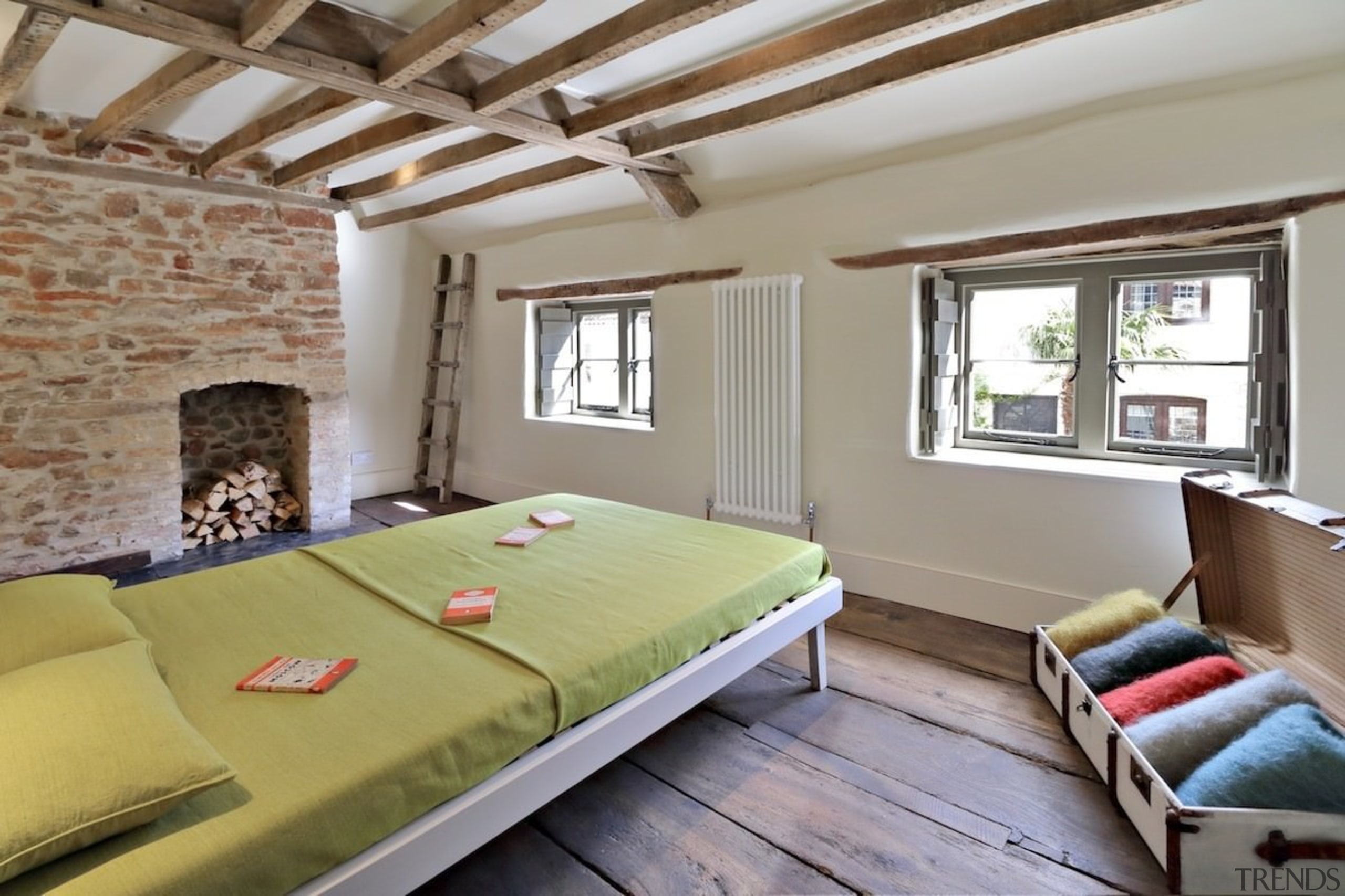 Wood beams run across the ceiling in this ceiling, estate, interior design, property, real estate, room, gray