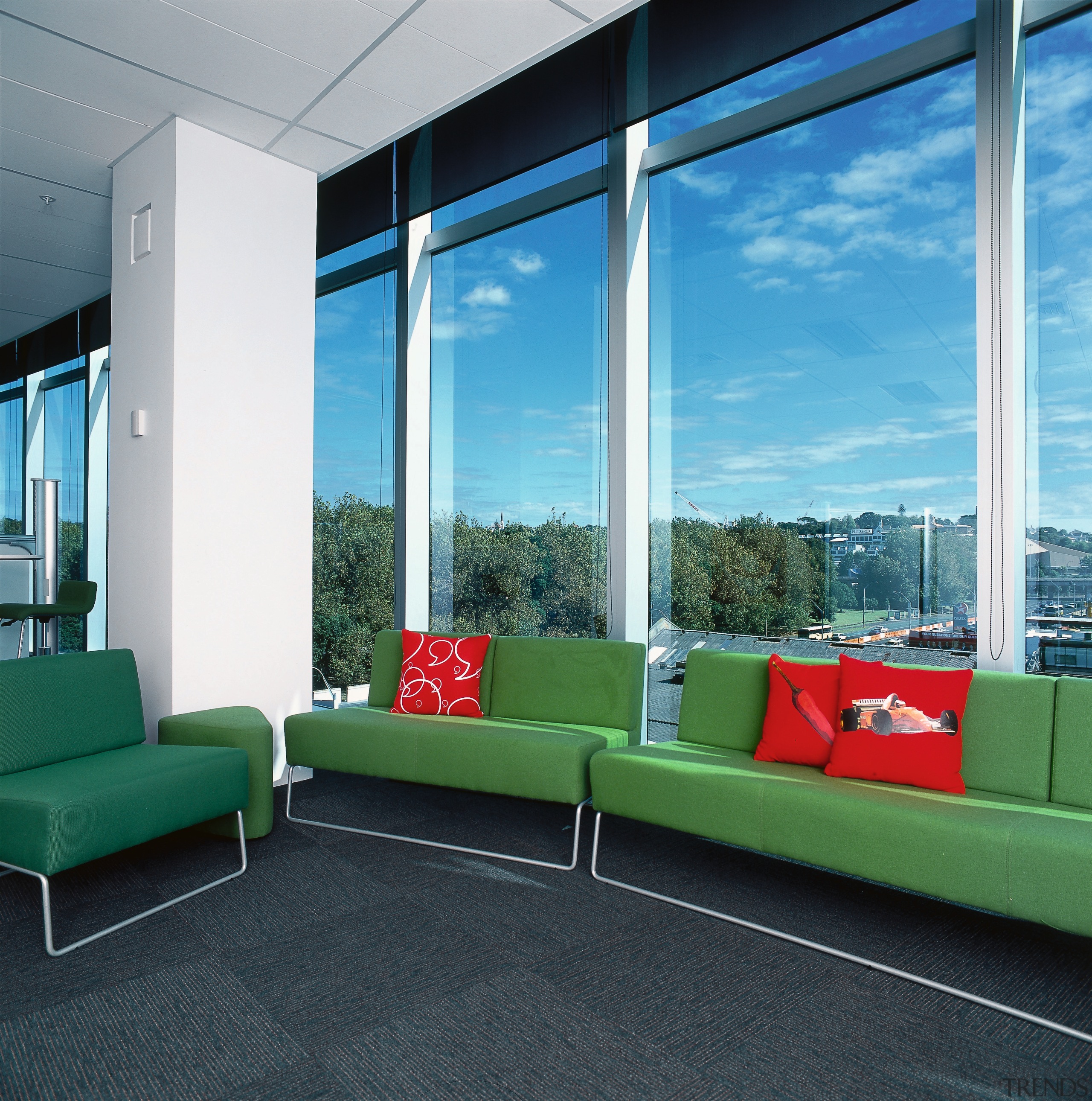 View of office with green sofas, red cushions, architecture, interior design, real estate, window, teal