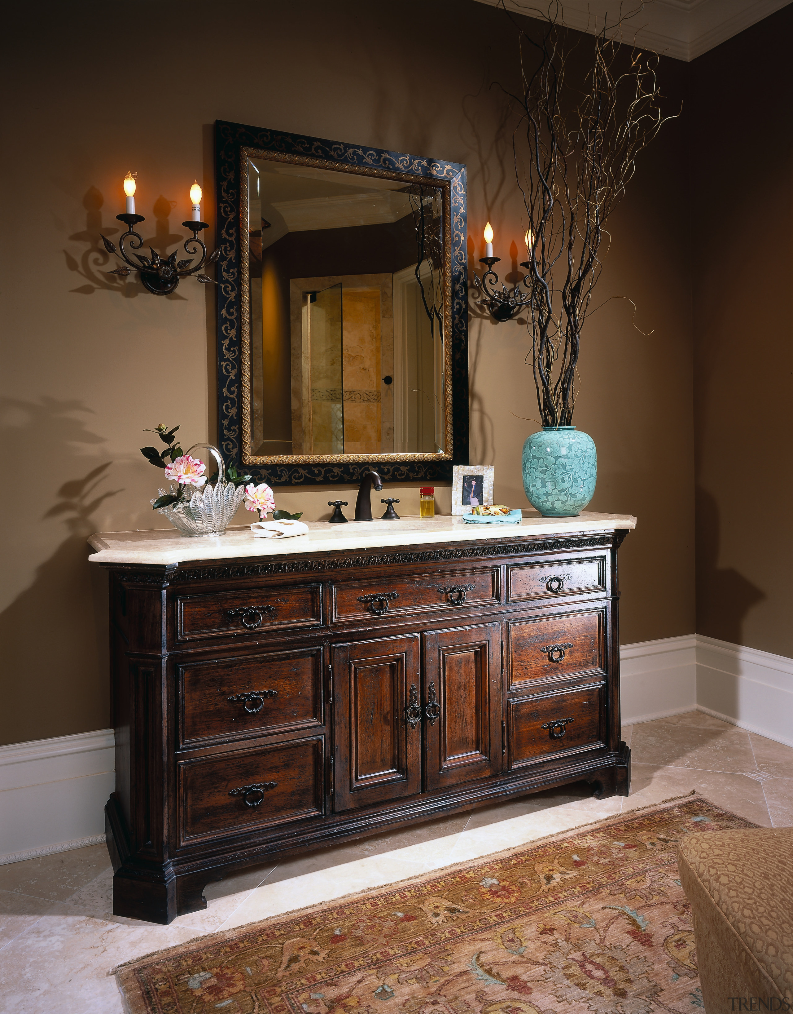 View of this bathroom vanity unit - View bathroom, bathroom accessory, bathroom cabinet, cabinetry, chest of drawers, countertop, furniture, home, interior design, room, sink, wood stain, brown
