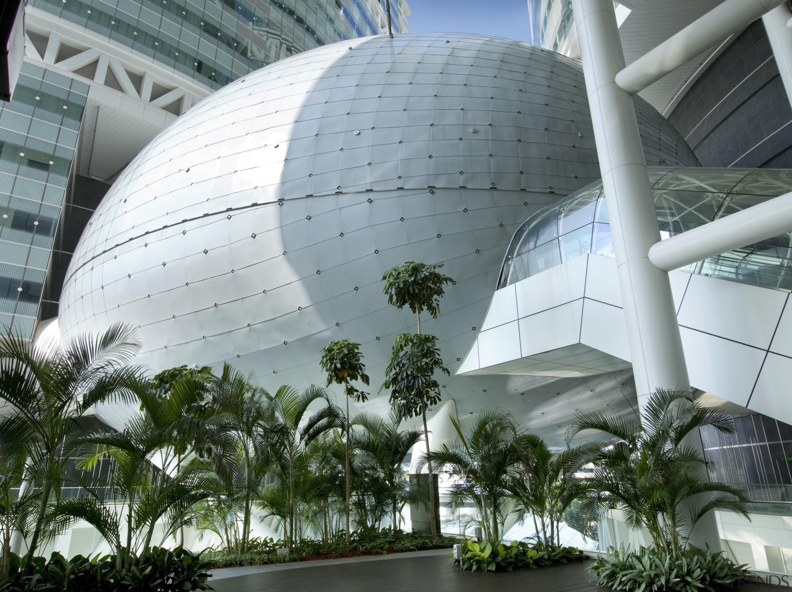 Exterior view of the Fusionopolis commercial/residential tower which architecture, biome, building, condominium, daylighting, dome, structure, tourist attraction, tree, gray