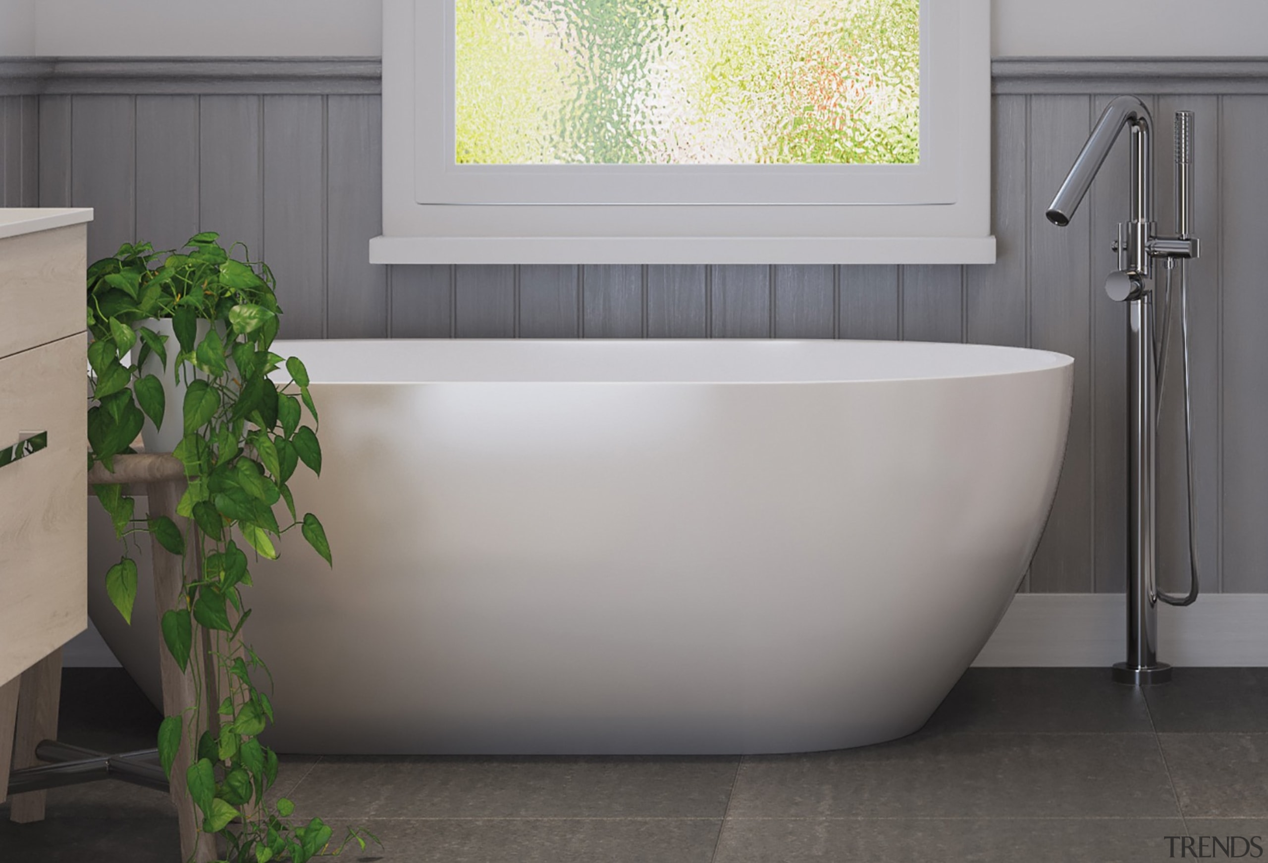 A bath is the centre of any bathroom. bathroom, bathtub, floor, interior design, plumbing fixture, sink, tap, tile, gray