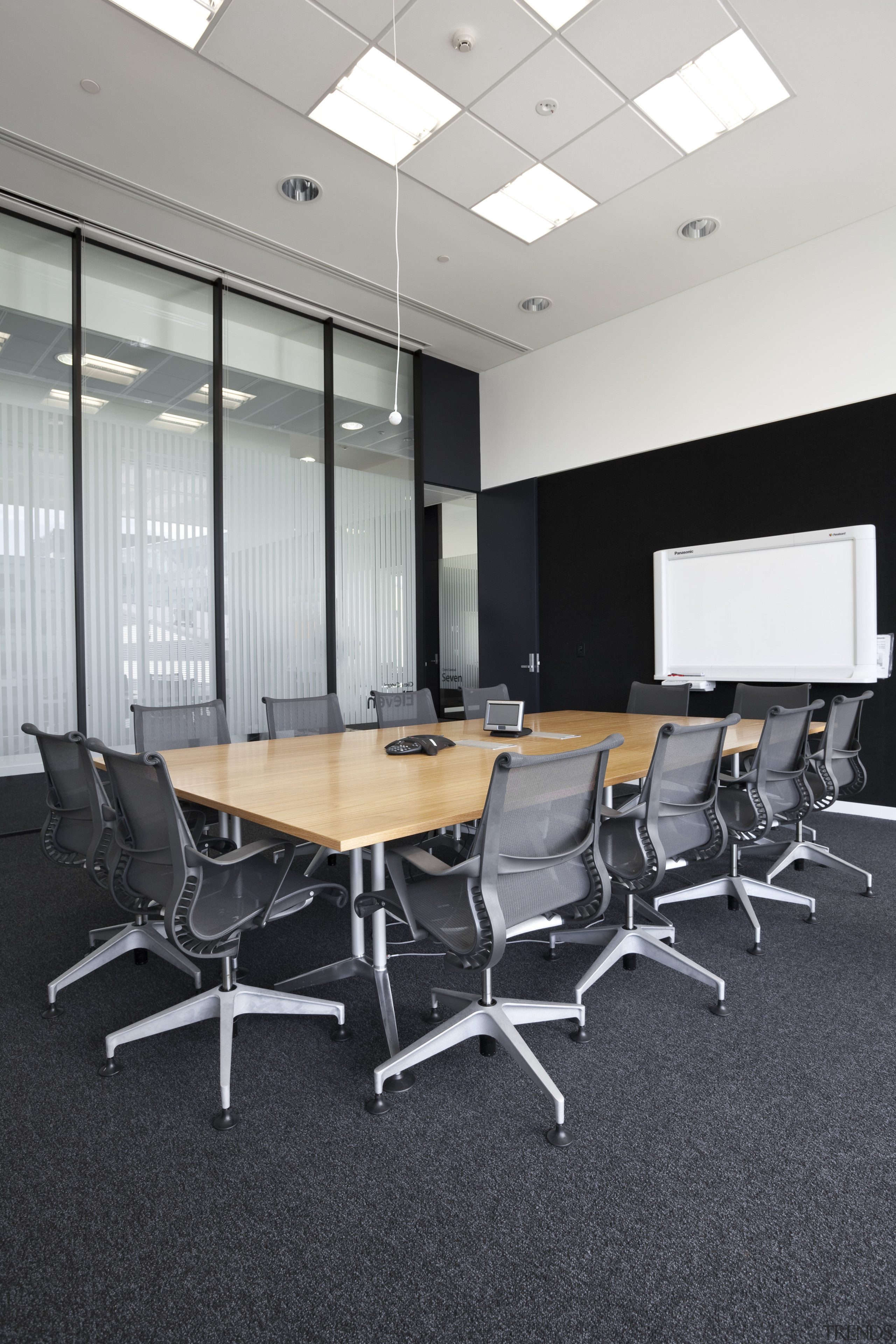 View of interior design features in the Telecom ceiling, chair, conference hall, floor, flooring, furniture, interior design, office, office chair, product design, table, black, gray, white