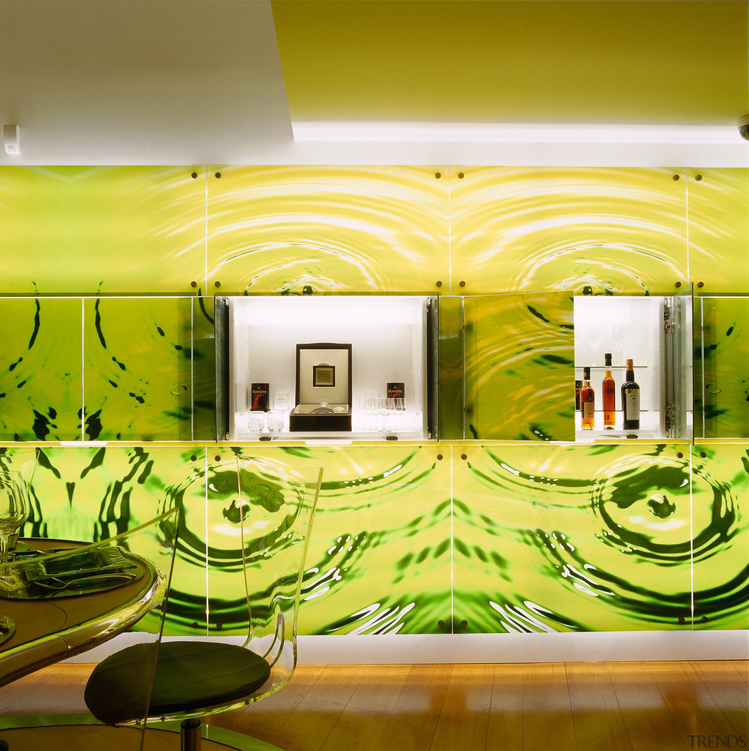 Dining room with green feature wall. - Dining ceiling, green, interior design, wall, wallpaper, yellow, yellow, brown