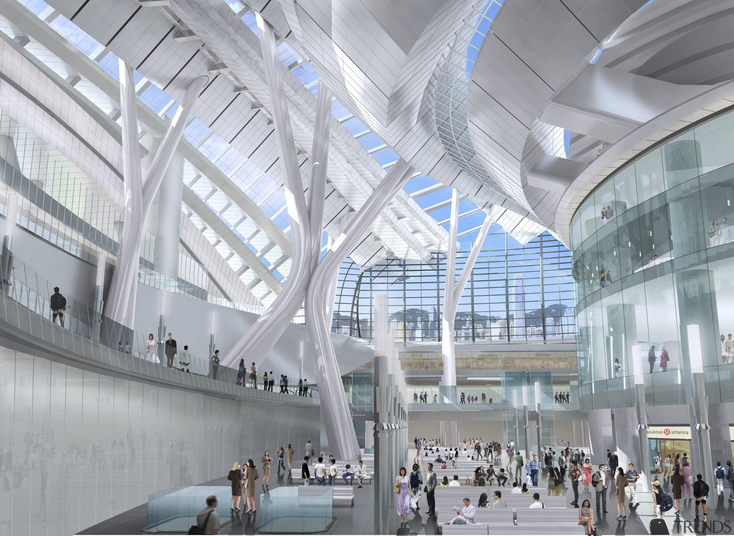 Conceptual image of the West Kowloon Terminus which airport, airport terminal, architecture, building, convention center, daylighting, metropolis, metropolitan area, mixed use, shopping mall, structure, transport hub, gray