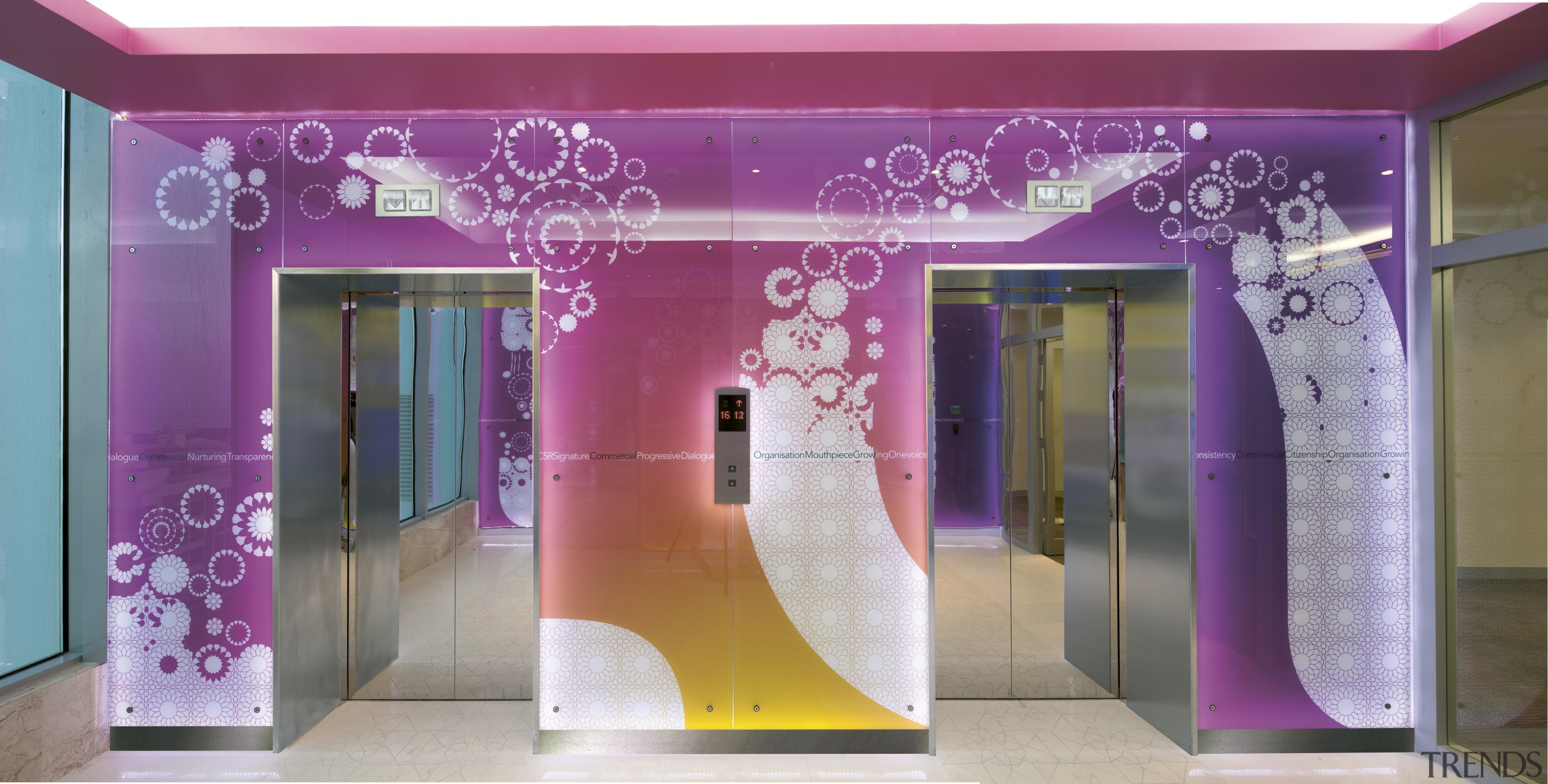 The new Zain headquarters in Bahrain reflects the boutique, ceiling, display window, interior design, pink, purple