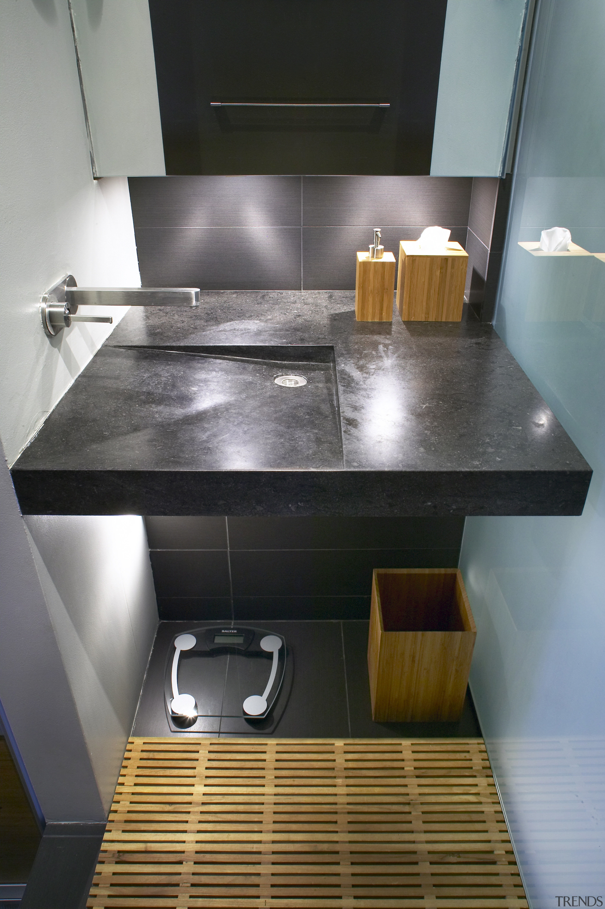 This basin was designed by Babbage Consultants. Seen countertop, floor, interior design, kitchen, plumbing fixture, sink, gray, black