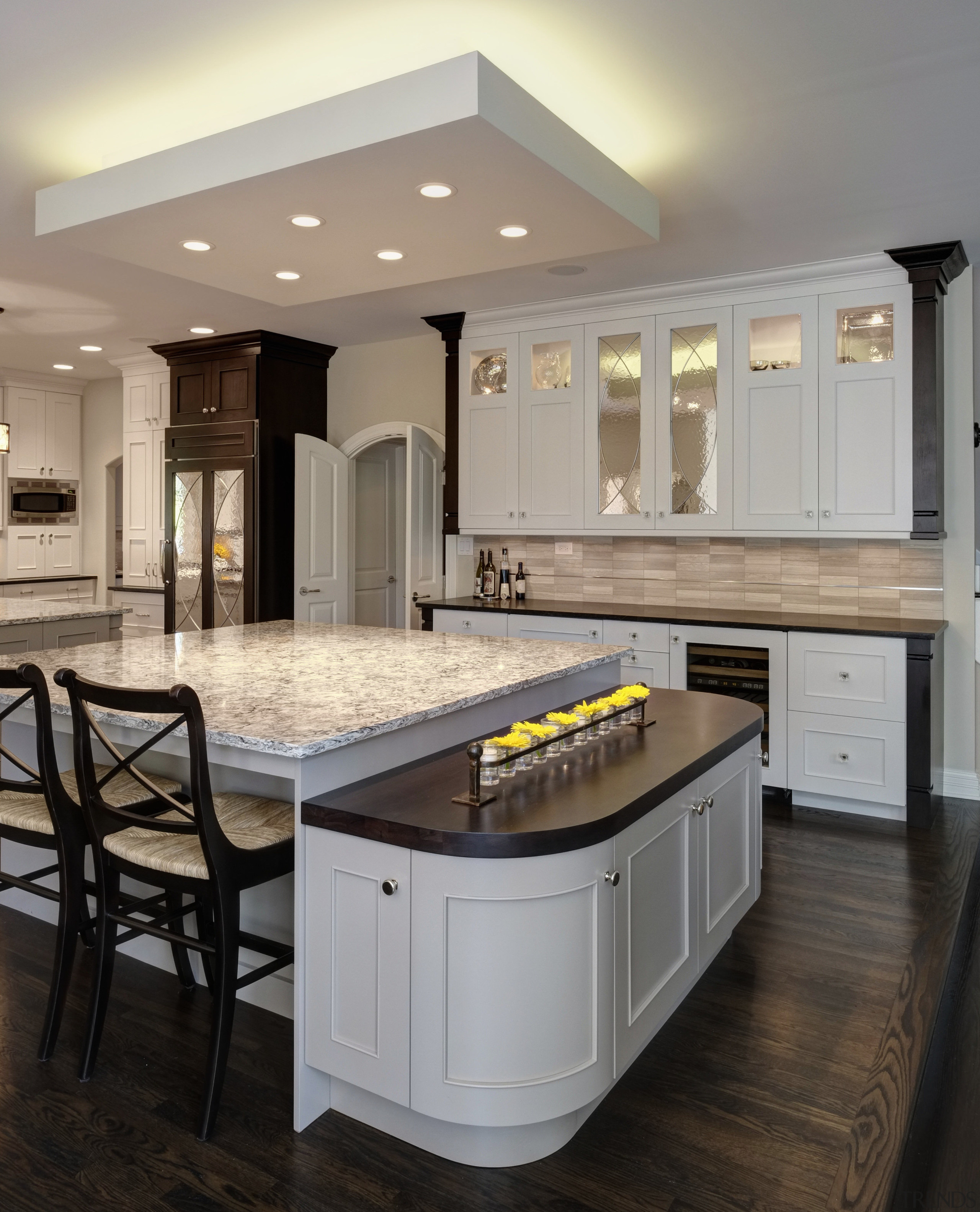 These kitchen cabinets are Maple with a Pearl cabinetry, ceiling, countertop, cuisine classique, floor, flooring, hardwood, interior design, kitchen, room, wood flooring, gray