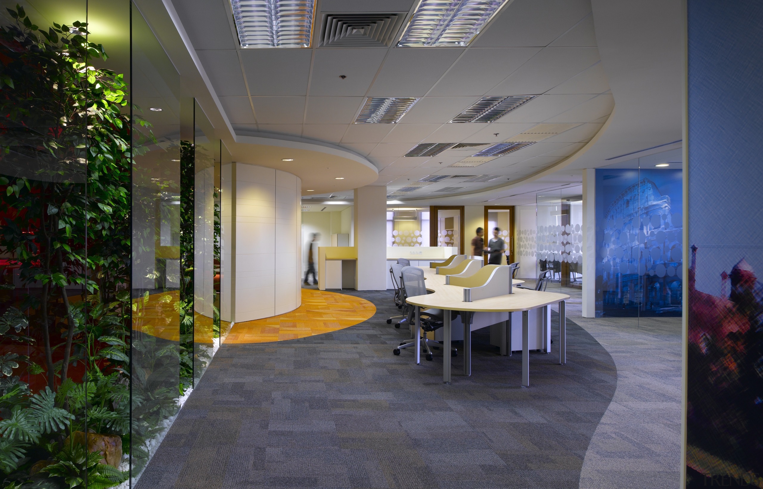 View of office workstations which feature curved desks, architecture, ceiling, daylighting, floor, flooring, interior design, lobby, real estate, gray