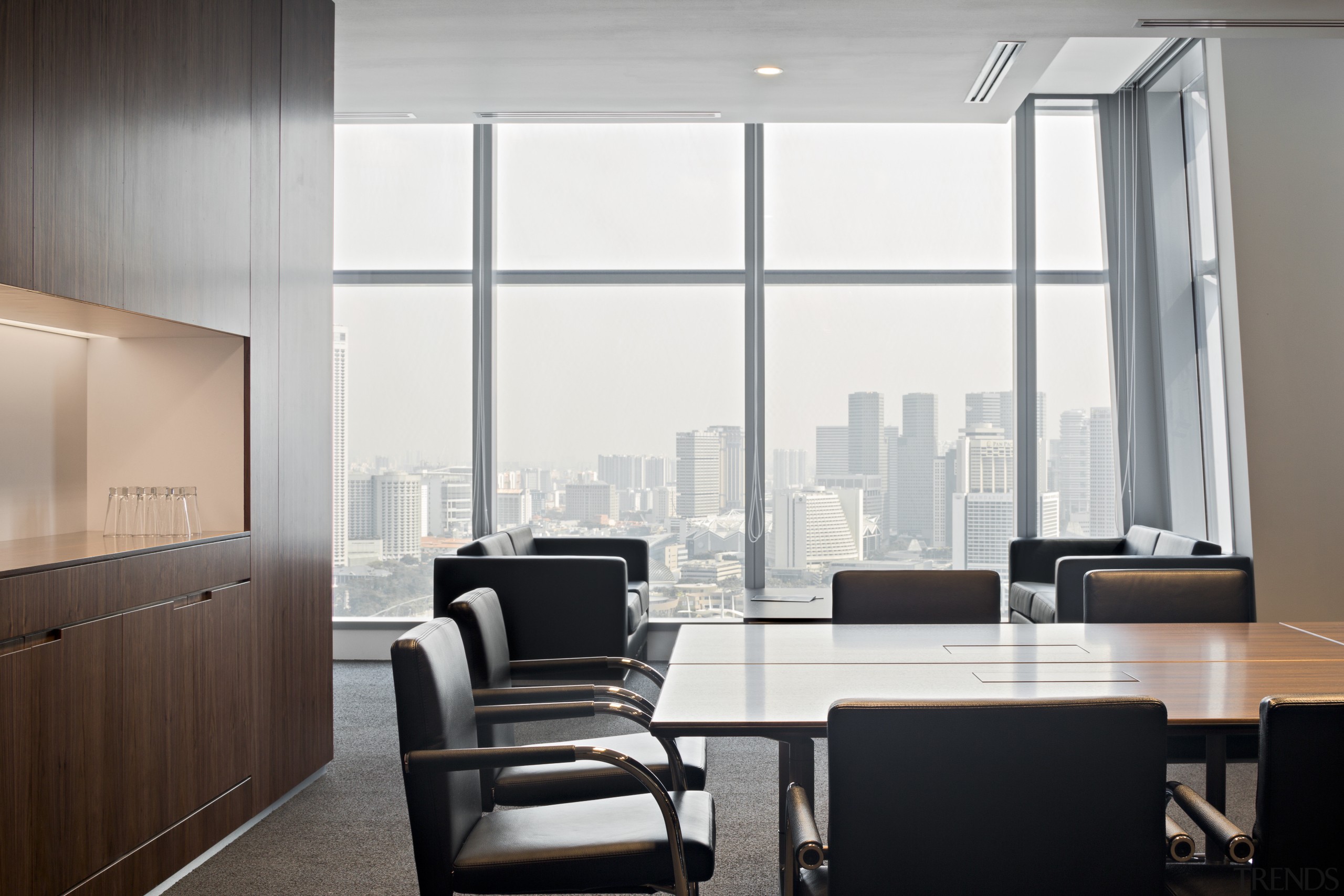 Walnut panelling is a feature of the meeting furniture, interior design, office, product design, window, white, gray