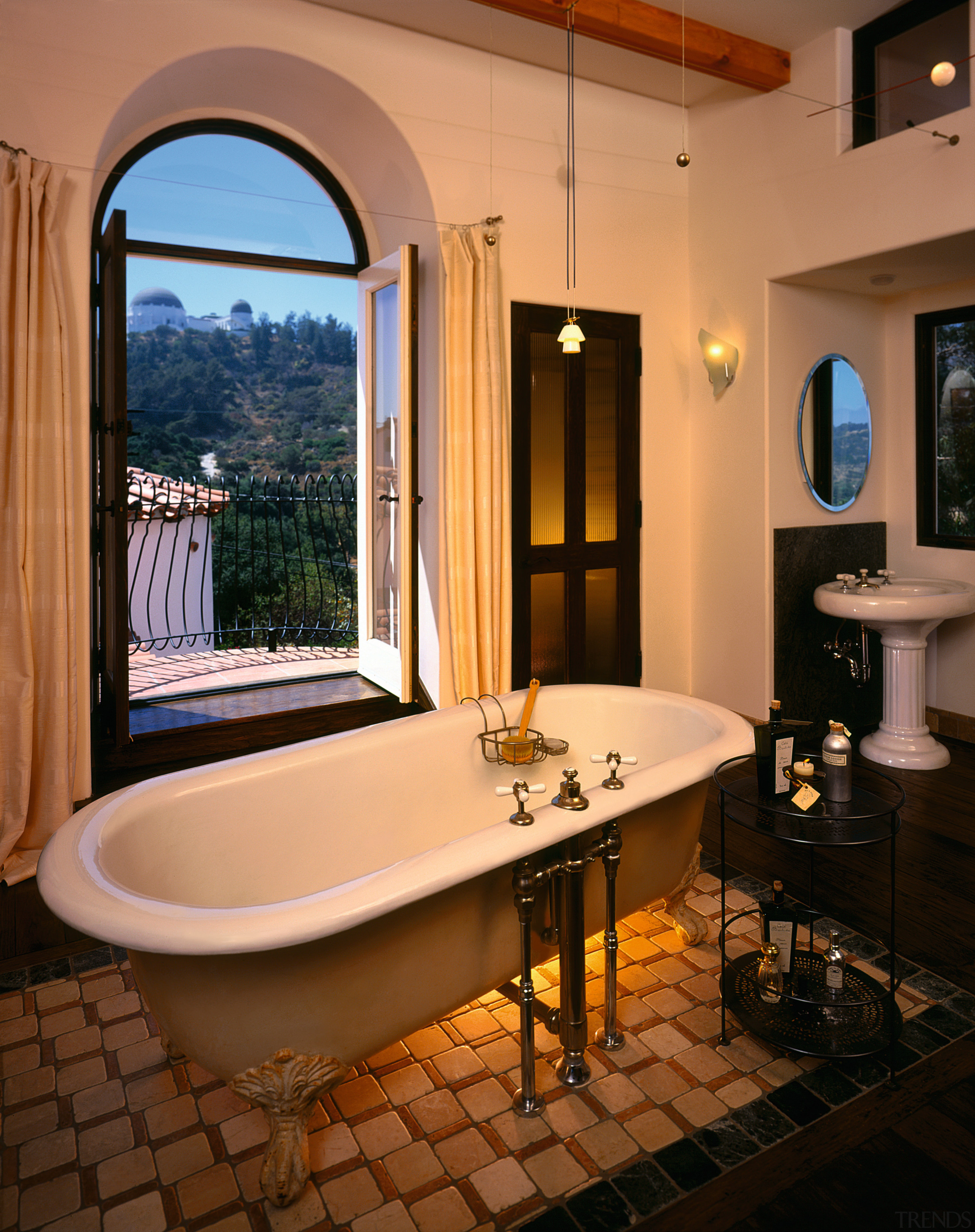 The view of a luxurious bathroom - The bathroom, estate, home, interior design, room, window, brown, orange