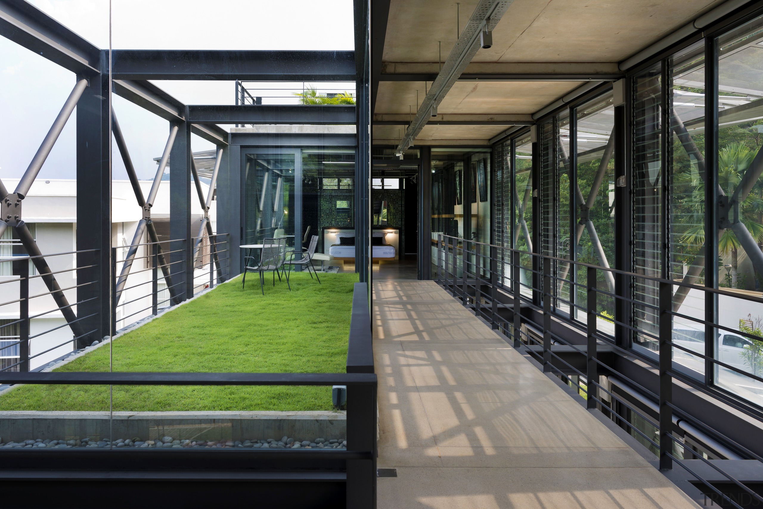 A private roof garden connects to the master architecture, house, real estate, window, black