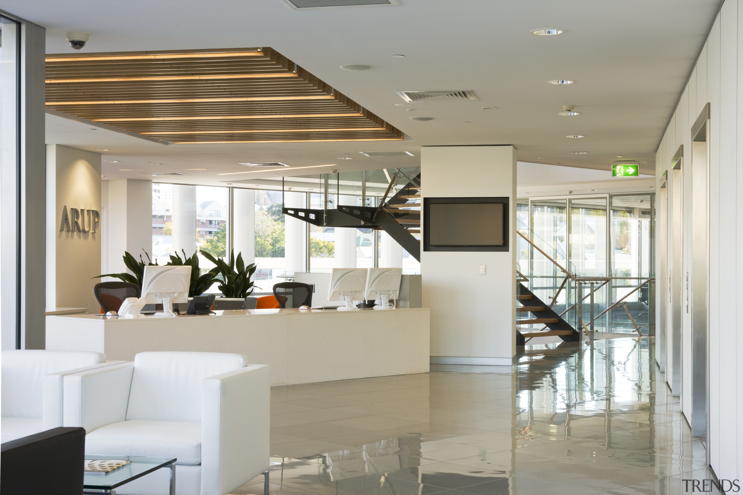 View of the reception area of the ARUP ceiling, interior design, living room, lobby, real estate, gray, white