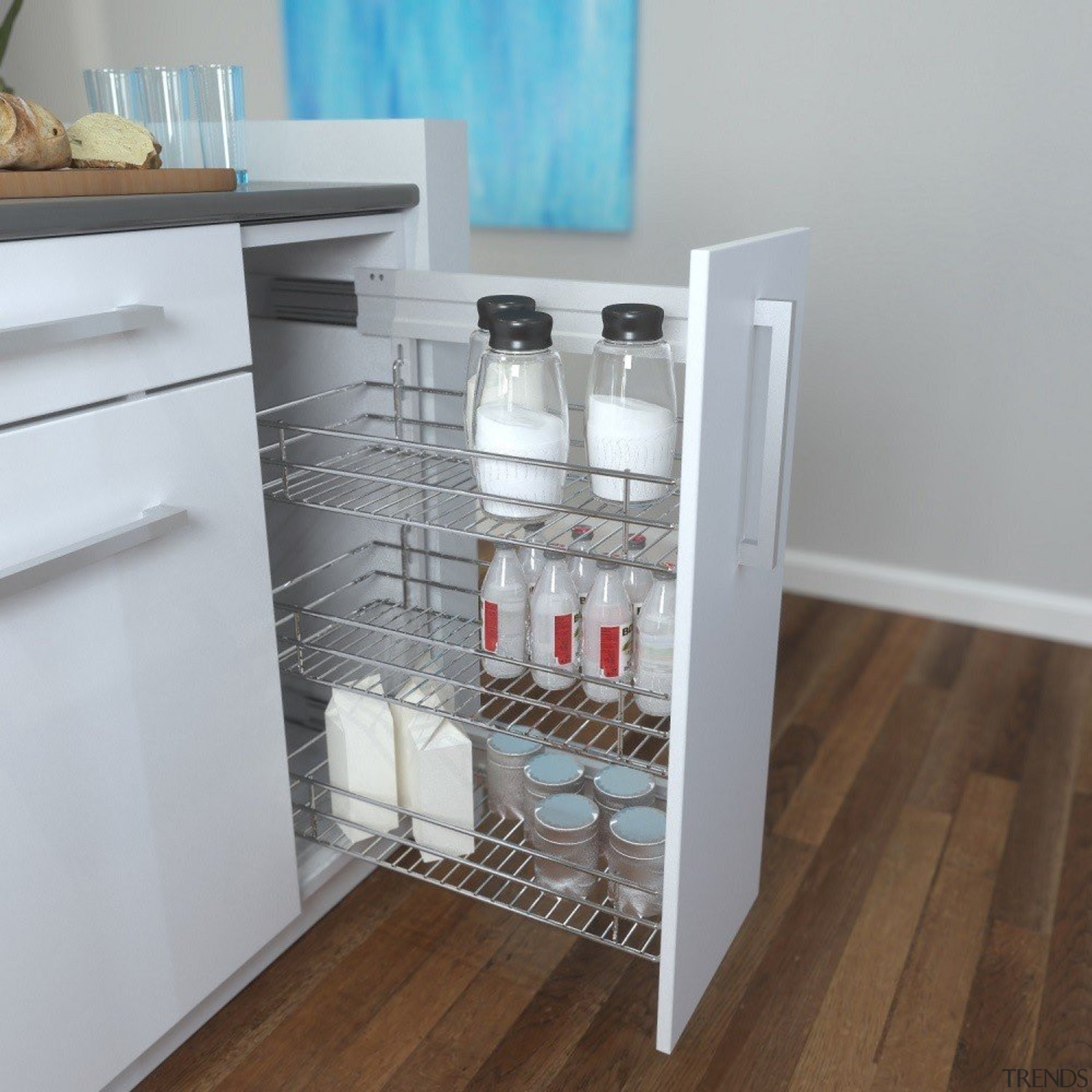 Giamo's Side Mounted Pull Out unit comes in drawer, furniture, product, product design, shelf, shelving, gray