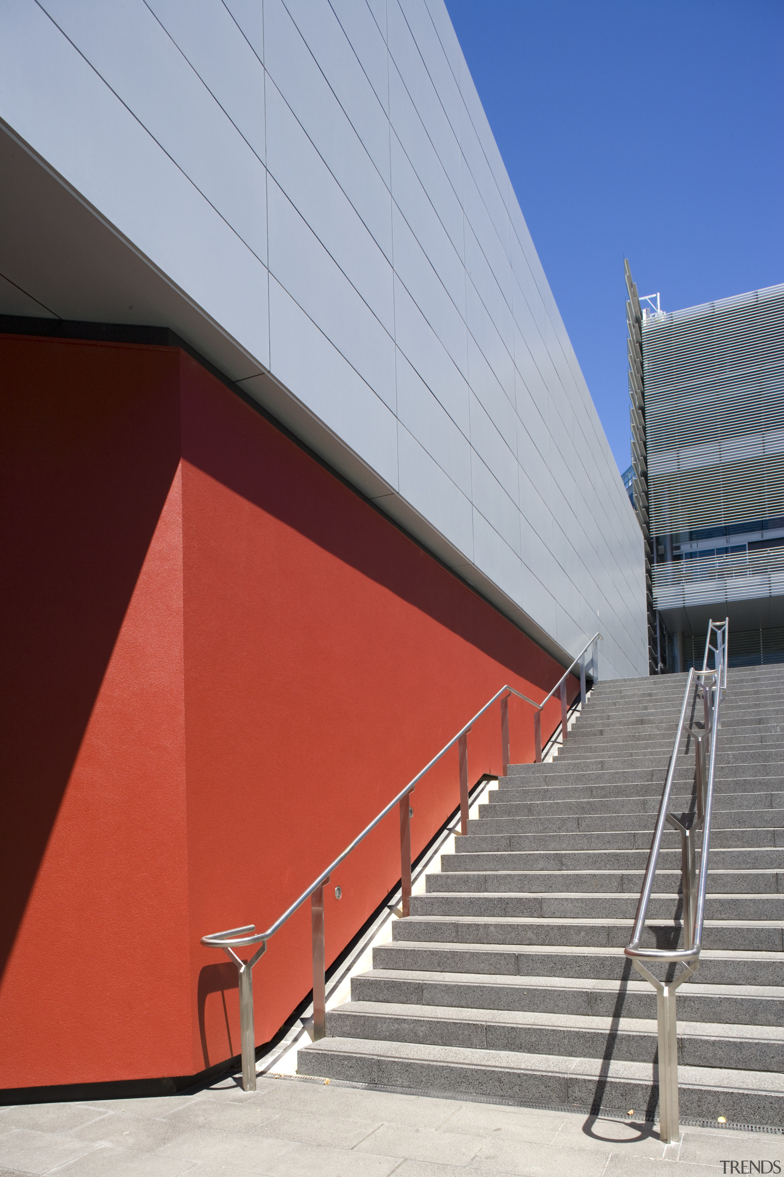 View of Resene Lumbersider in Dynamite on the angle, architecture, building, daylighting, daytime, facade, infrastructure, line, red, roof, sky, structure, wall, gray, red