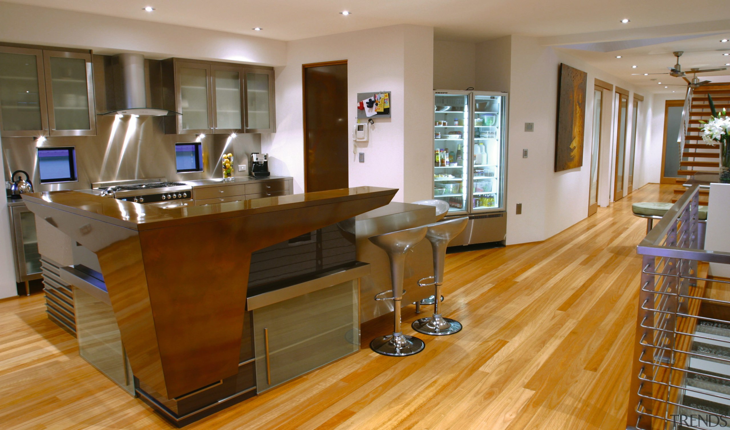 View of kitchen with timber, stainless steel and countertop, floor, flooring, hardwood, interior design, kitchen, room, wood, wood flooring, brown