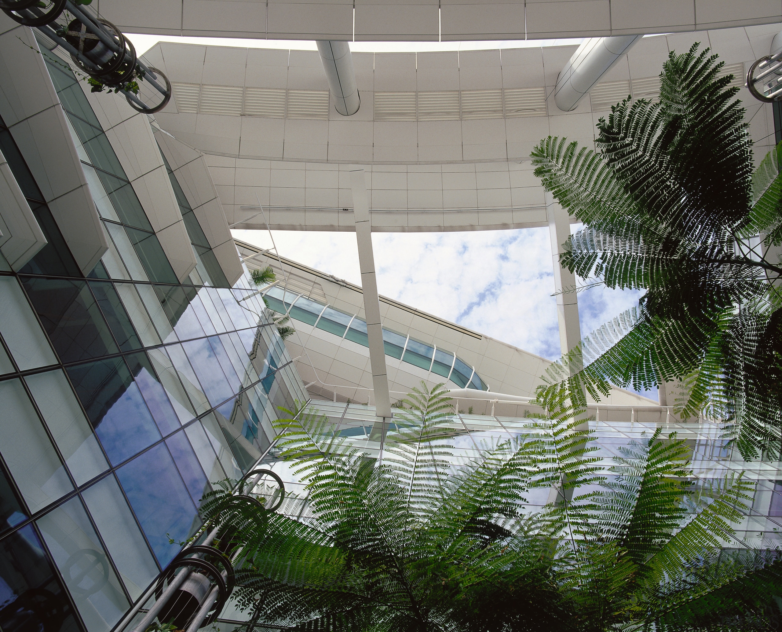 Interior view of the features of the Singapore architecture, building, condominium, daylighting, plant, structure, tree, window, gray