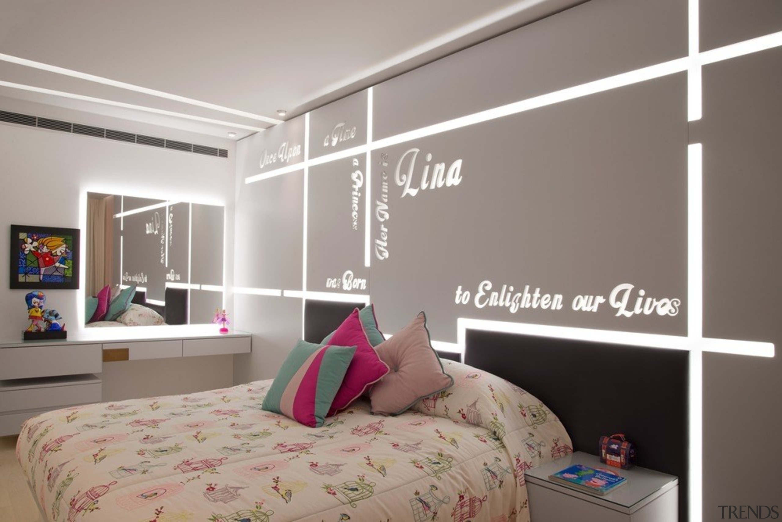 The girl’s room reveals special words telling the bed, bed frame, bed sheet, bedding, bedroom, building, ceiling, design, furniture, interior design, lighting, room, wall, wallpaper, window, gray