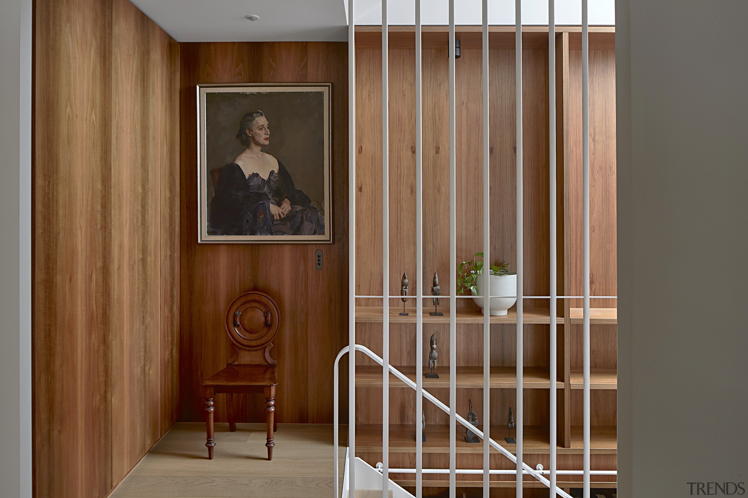Upstairs arrival – greeted by wood-lined walls and 
