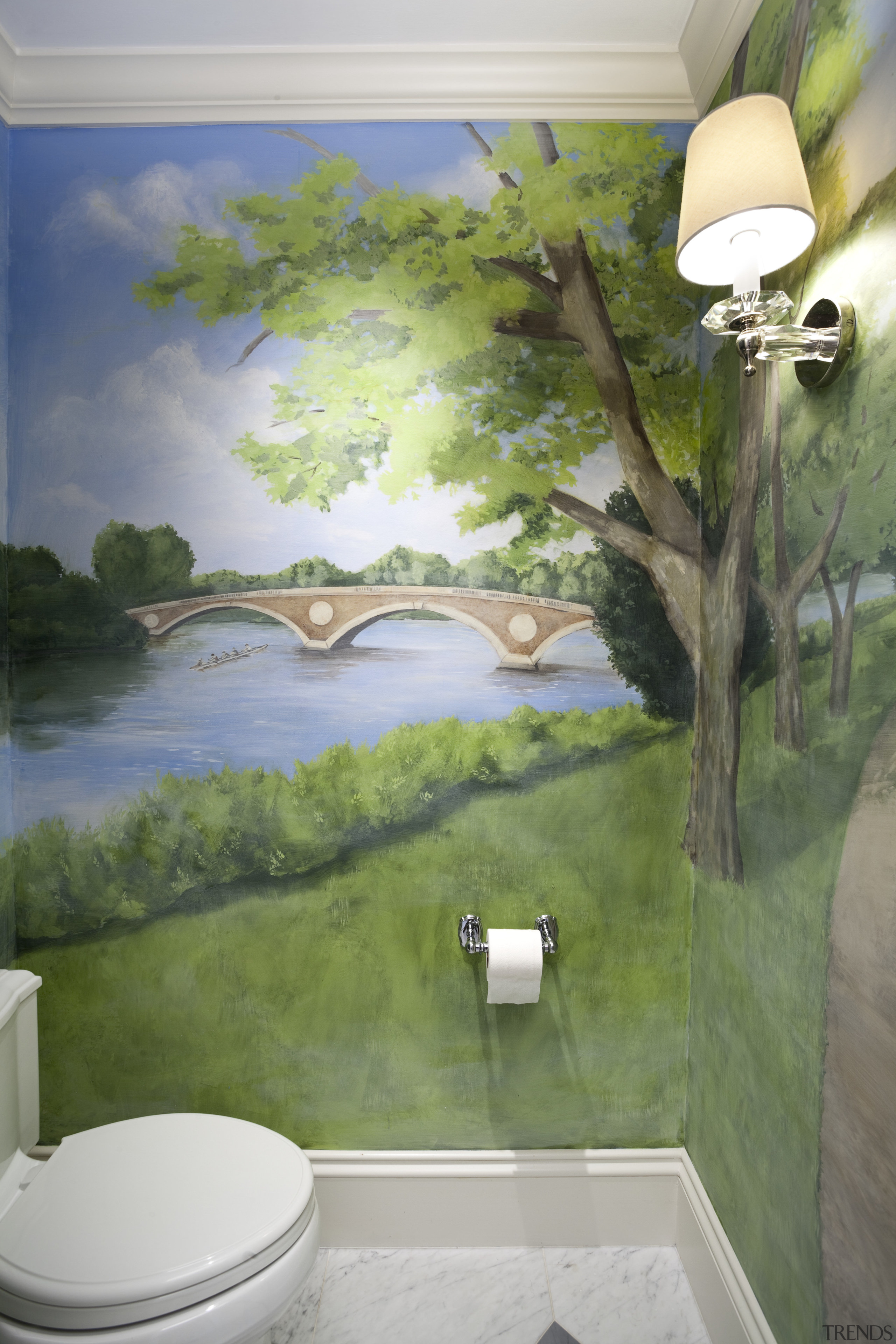 A painted wall mural enlivens the small toilet artwork, bathroom, ceiling, green, home, house, interior design, mural, painting, room, wall, gray, green