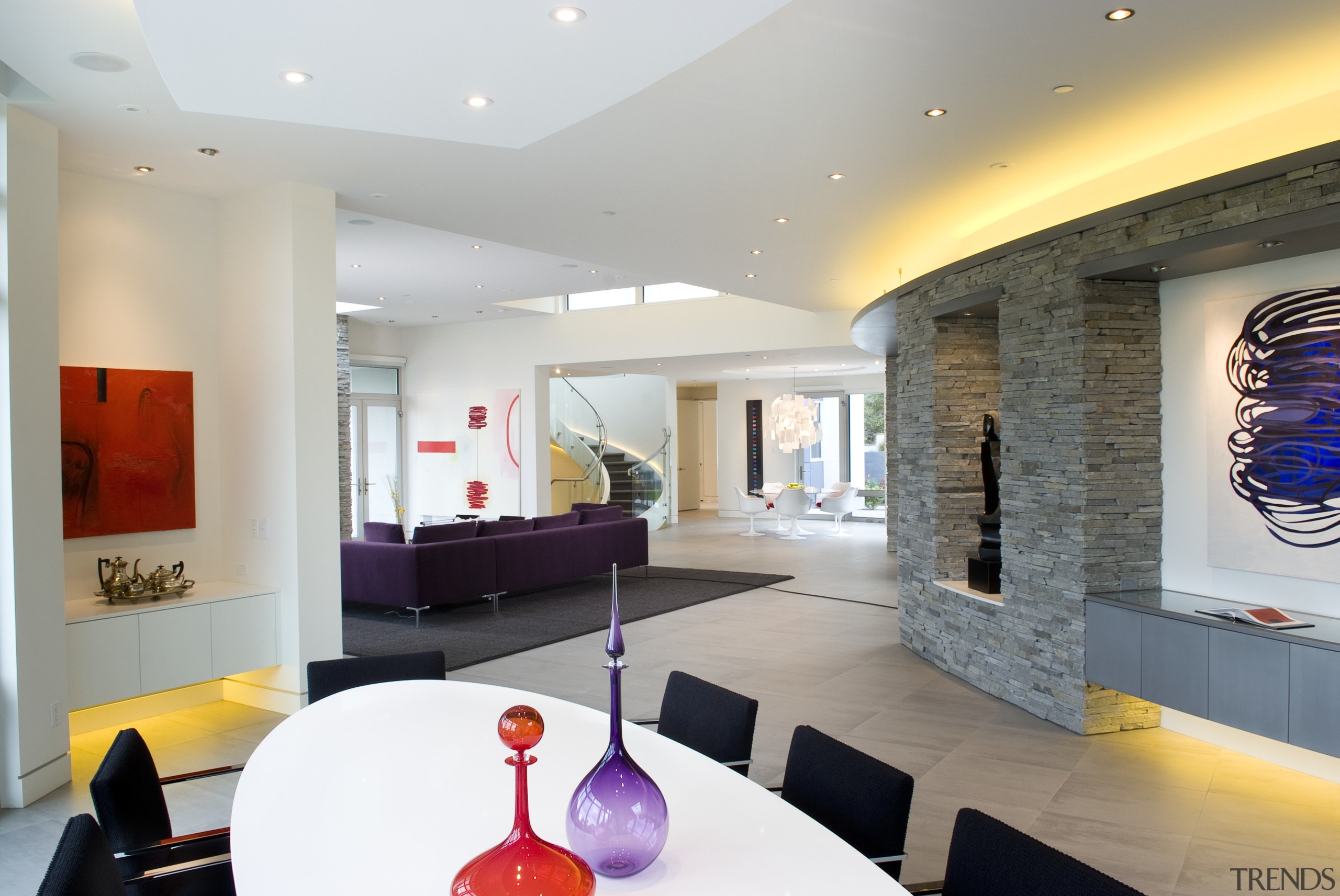 Each separate sitting and dining area in this apartment, ceiling, interior design, living room, lobby, real estate, room, gray