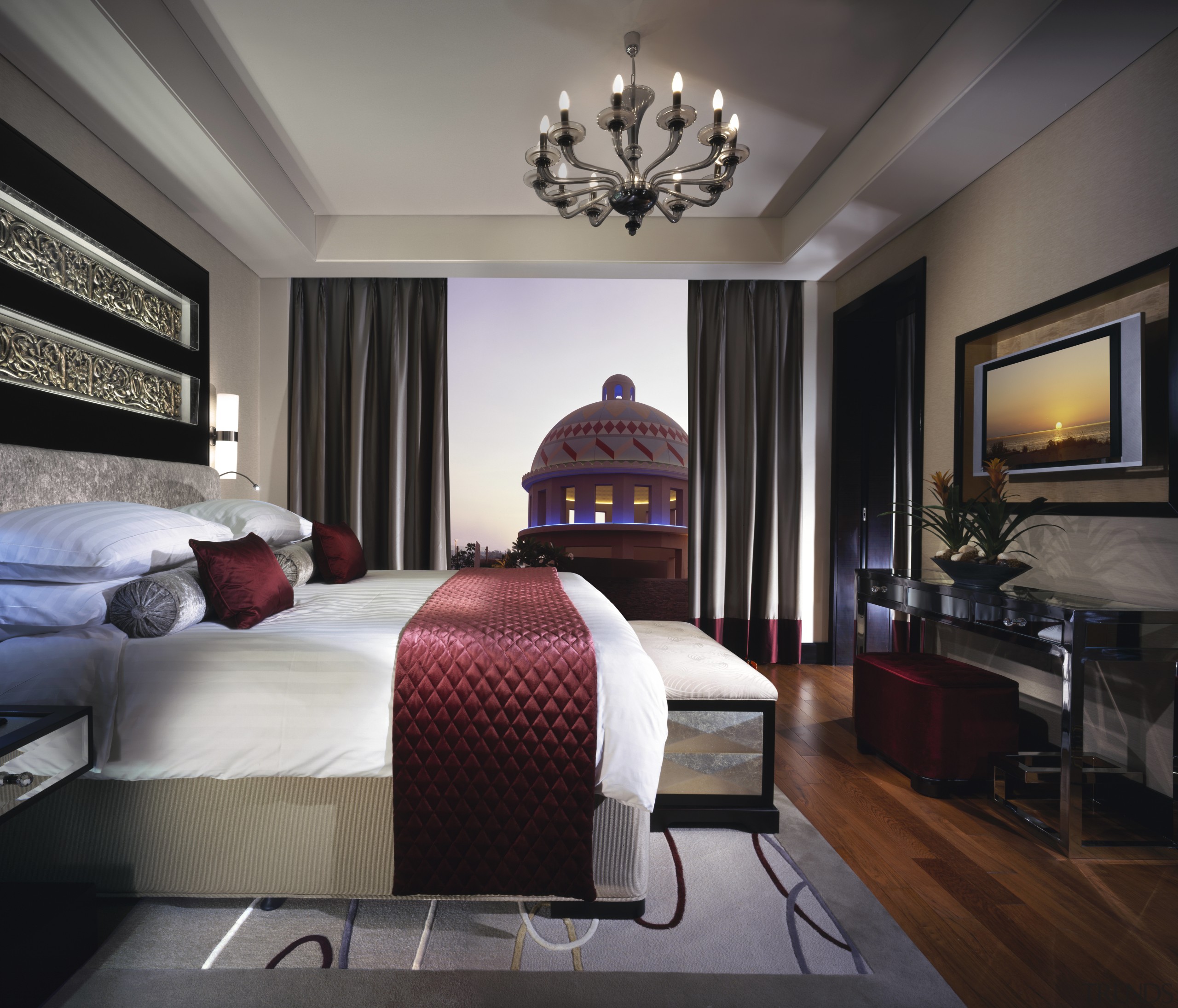 The Hotel Kempinski Dubai features 393 deluxe rooms bed frame, bedroom, ceiling, furniture, home, interior design, living room, room, suite, wall, black, gray