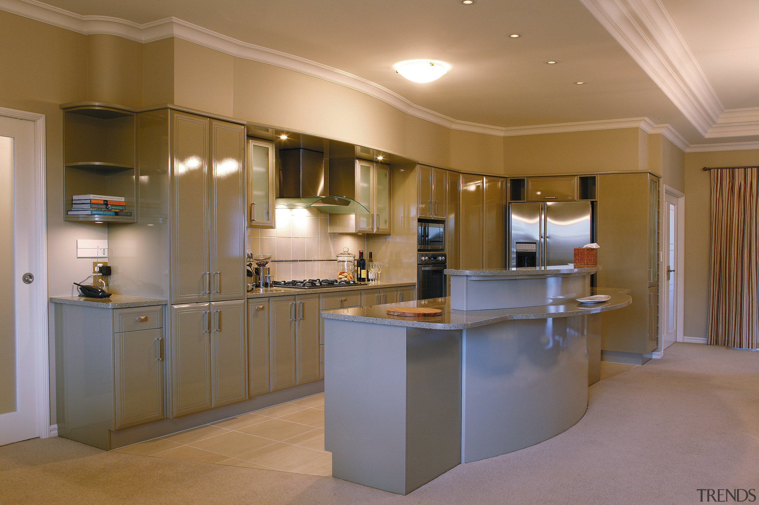 A view of a kitchen by Euro Style cabinetry, ceiling, countertop, home, interior design, kitchen, real estate, room, brown, gray