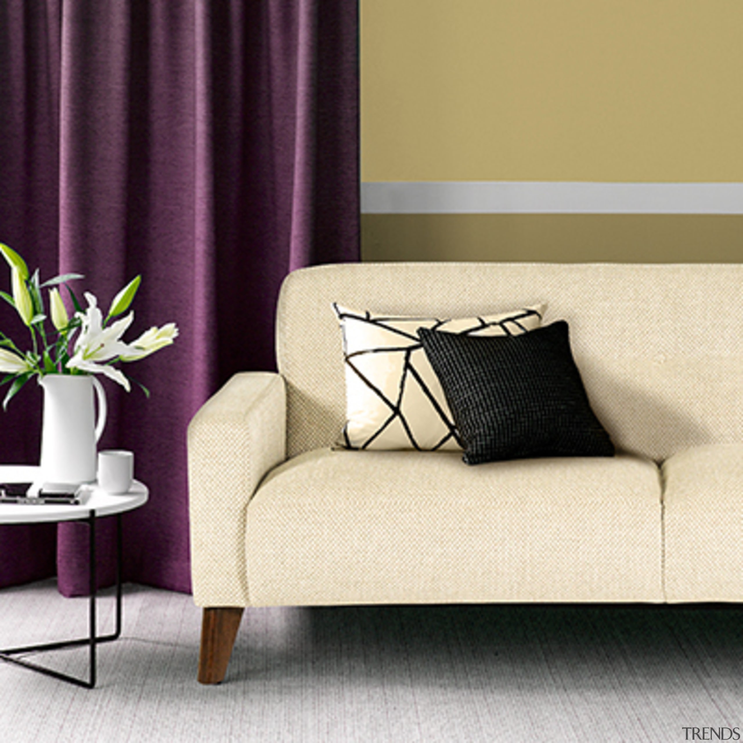 Re: decorating - couch | curtain | floor couch, curtain, floor, furniture, interior design, living room, purple, room, sofa bed, studio couch, textile, wall, wallpaper, window covering, window treatment, white