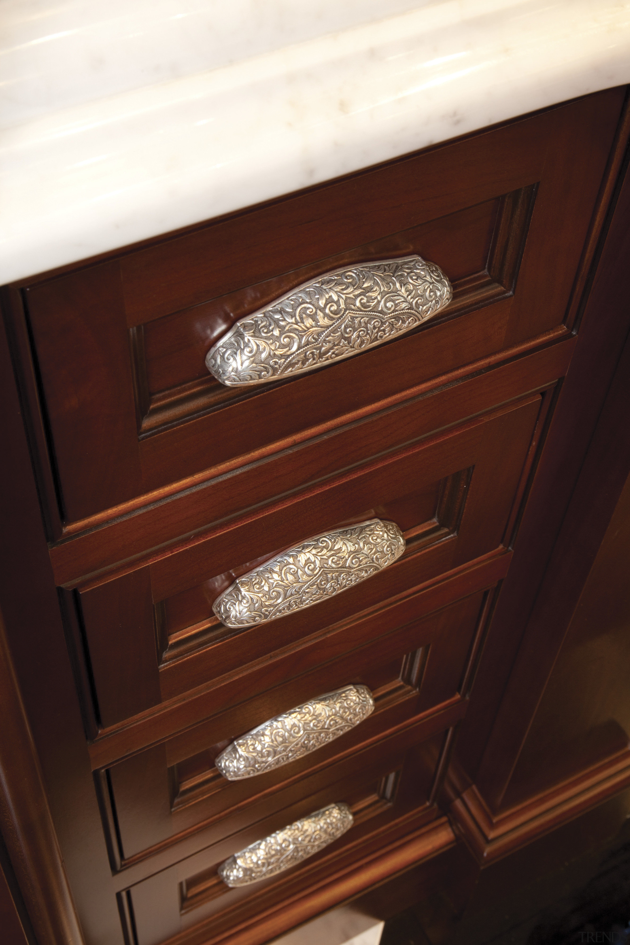 A large renovation by kitchen designer Robert A brown, ceiling, chest of drawers, drawer, furniture, wood, wood stain, red