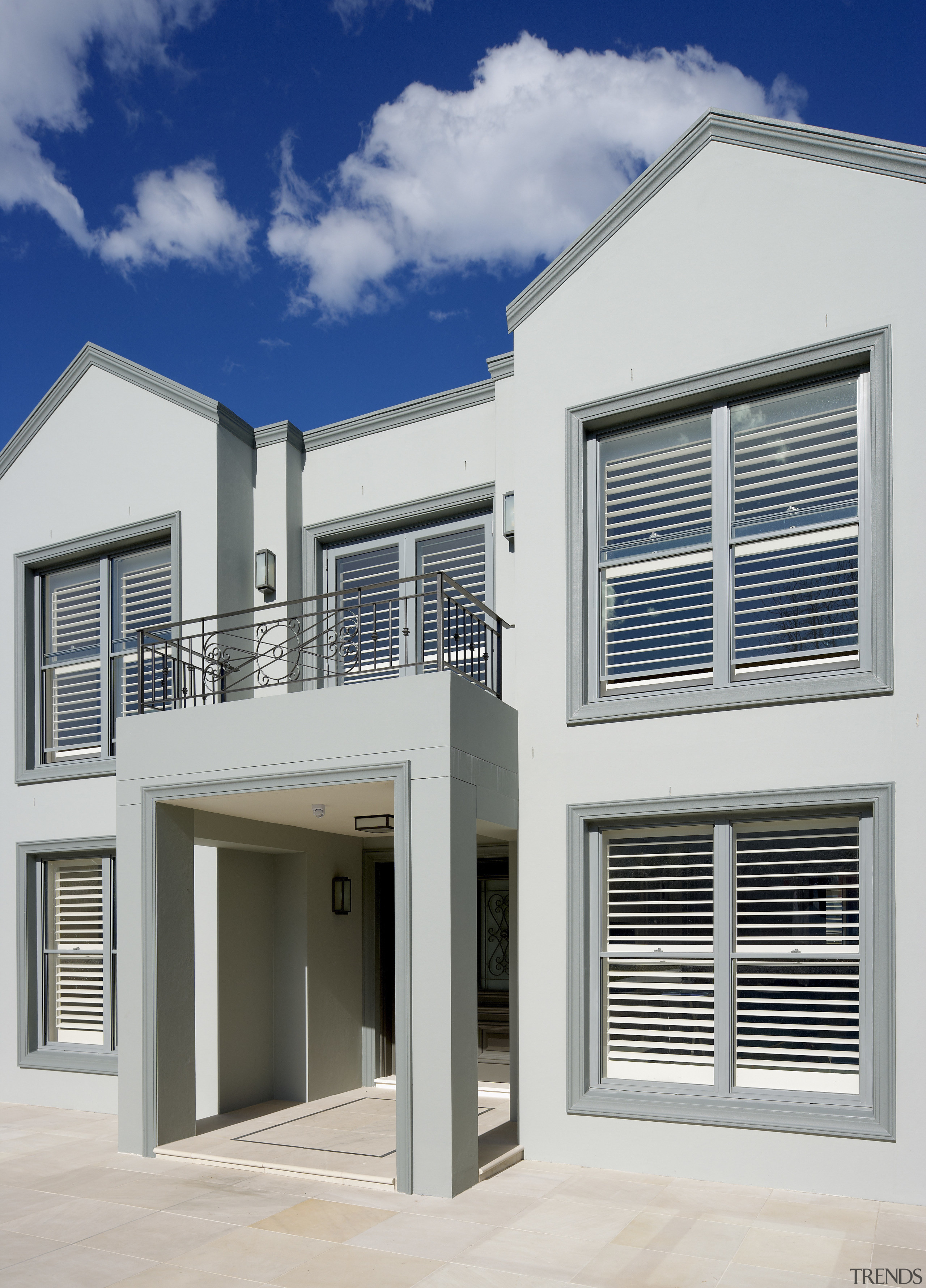 View of this contemporary home - View of architecture, building, elevation, facade, home, house, property, real estate, residential area, window, white, gray