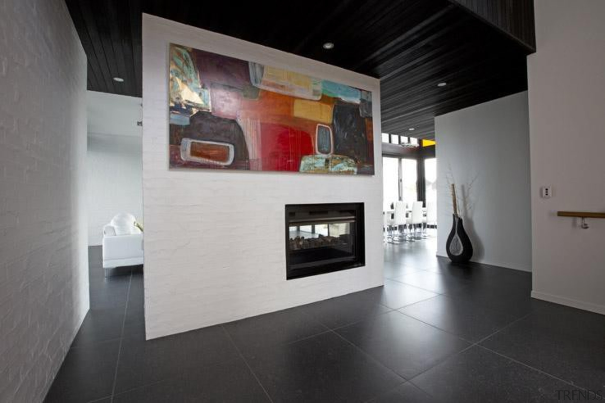 Ivory black hallway area. - Blue Mountain Range exhibition, floor, flooring, hearth, interior design, property, gray, black