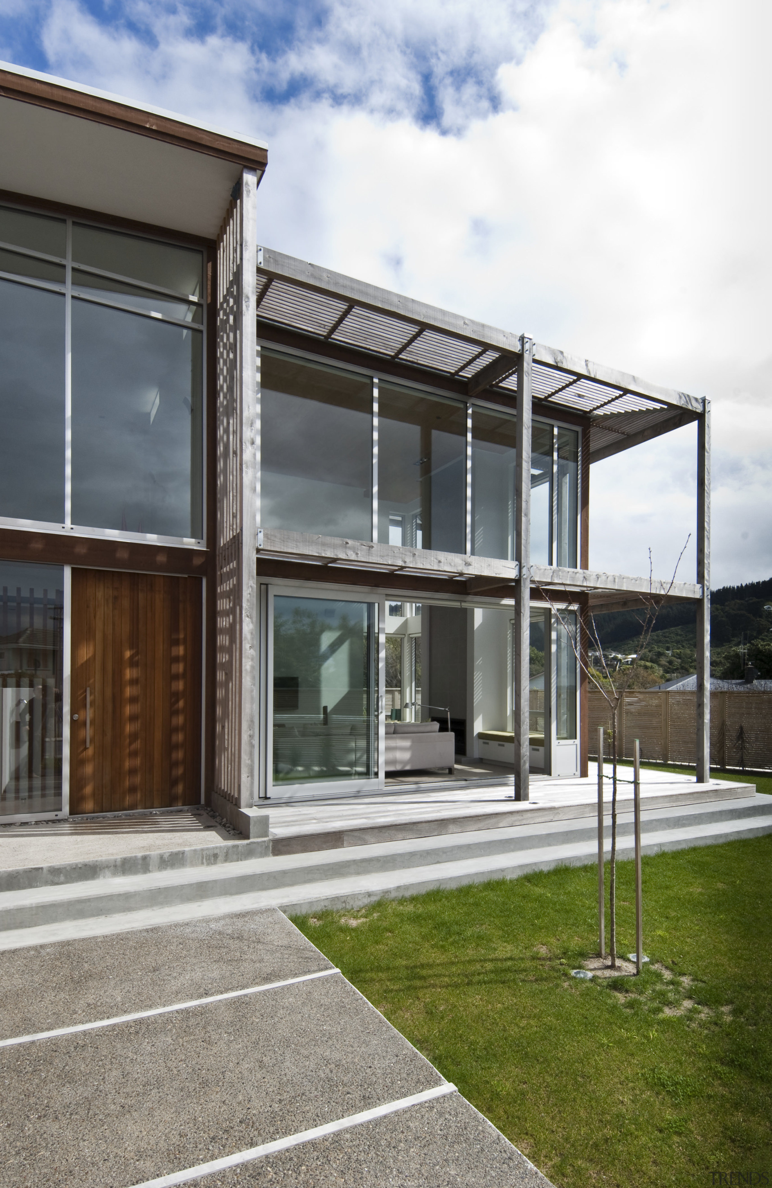 Exterior view of contemporary home. - Exterior view architecture, building, facade, house, real estate, residential area, window, white, gray